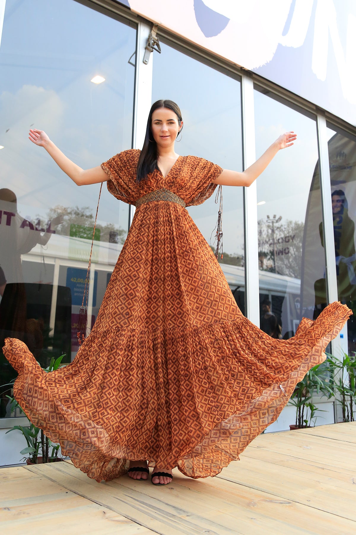 Elegant Basket Weave Print Dress with Gold Handmade Belt - Perfect for Summer Parties, Weddings & Special Occasions