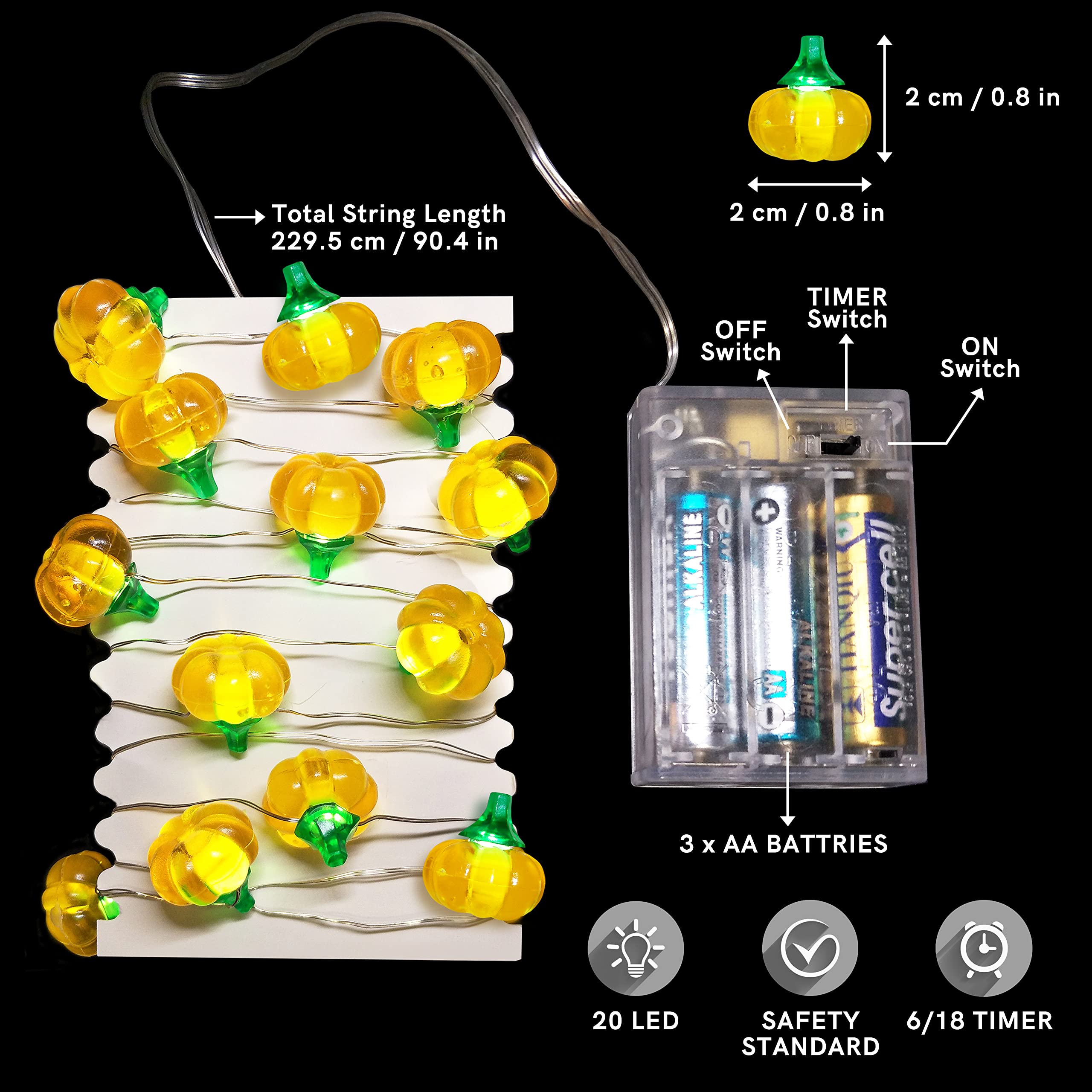 FURORA LIGHTING 20 LED Pumpkin Fairy String Lights - 90 Inch Warm White Battery Operated LED Lights with 6/18 Hour Timer - Perfect for Halloween Decor, Bedroom, Garden, and Party Lighting