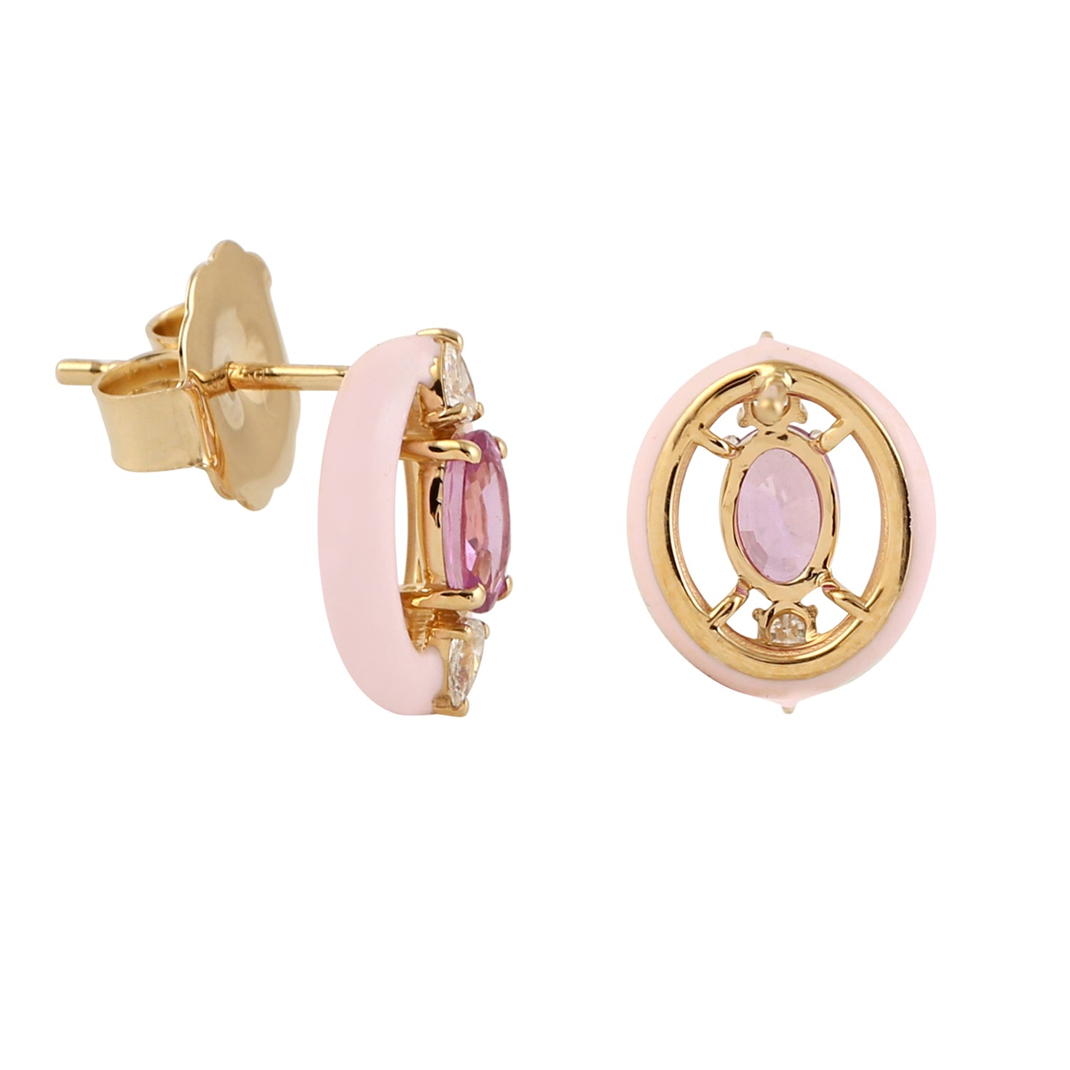 18K Yellow Gold Pink Sapphire Rose Cut Diamond Enamel Stud Earrings for Women - Elegant Gift for Valentine's Day, Anniversary & Special Occasions