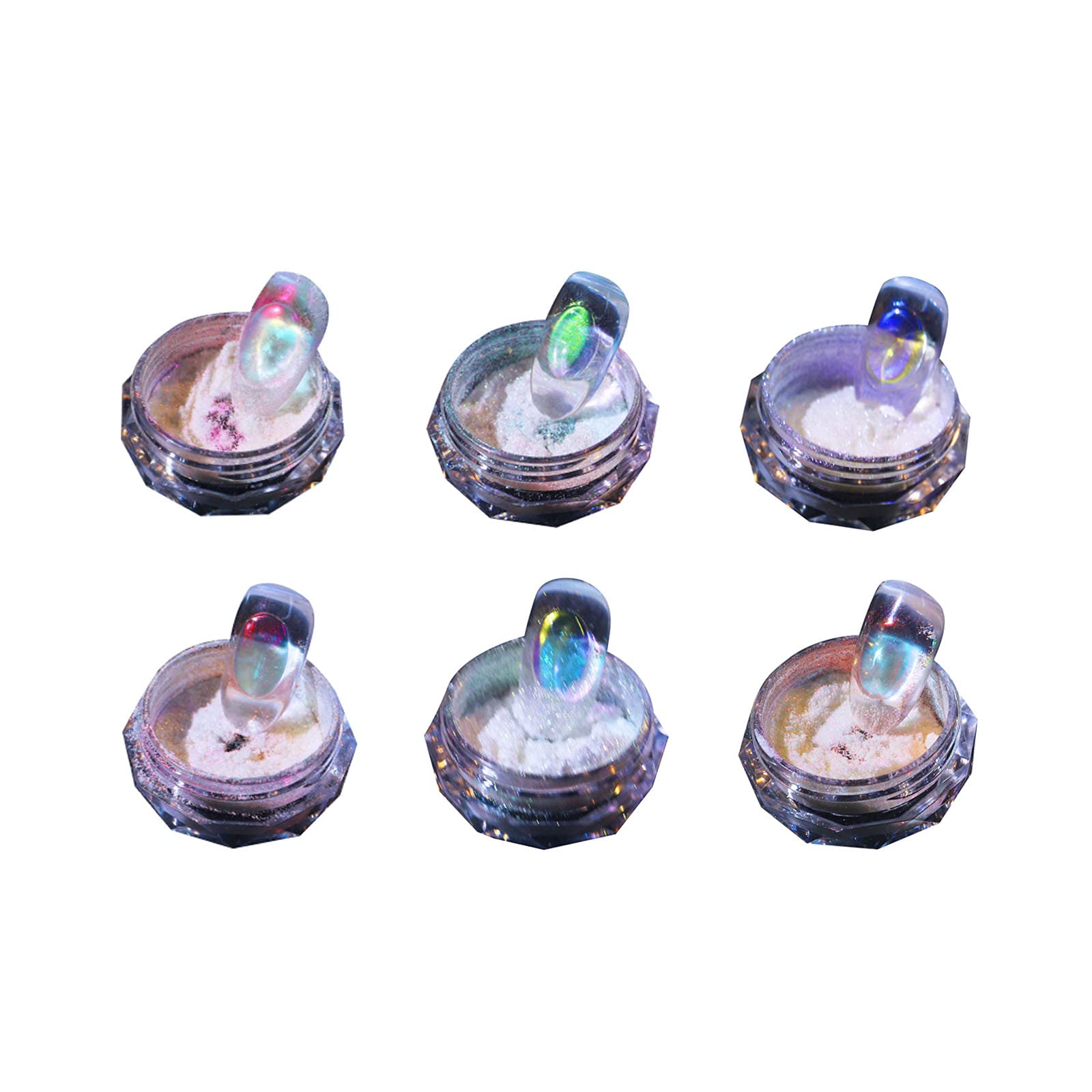 6 Jars Chrome Nail Powder Set - Multicolor Aurora Chameleon Pigment & White Ice Muscle Powder for Manicure - Includes Nail Sponge Brushes - Perfect for Nail Art, Salon & DIY Home Decoration