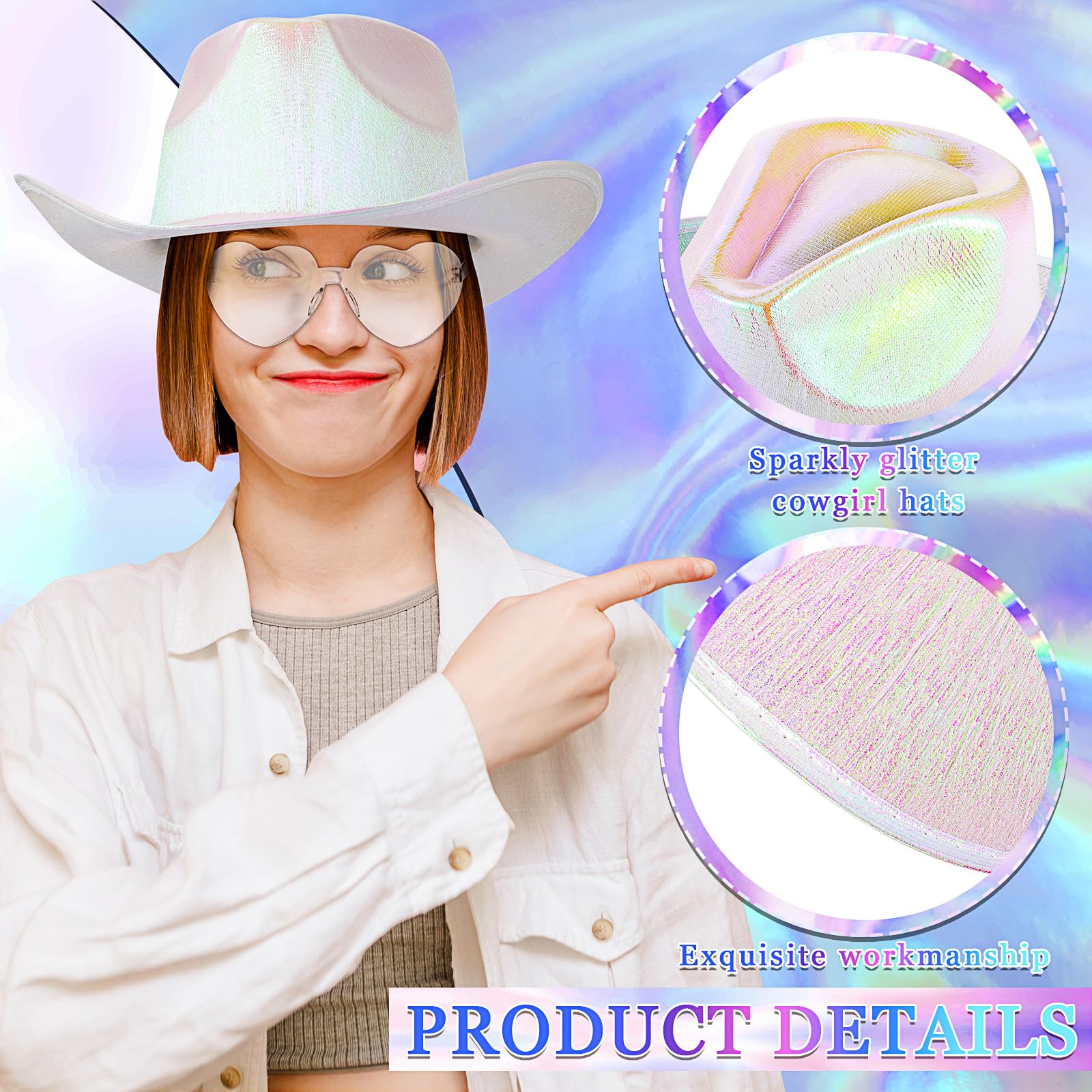 Xtinmee Space Cowgirl Holographic Hat & Rimless Heart Sunglasses Set - Sparkly Cowgirl Costume Accessories for Western Parties, Music Festivals & Cosplay Events