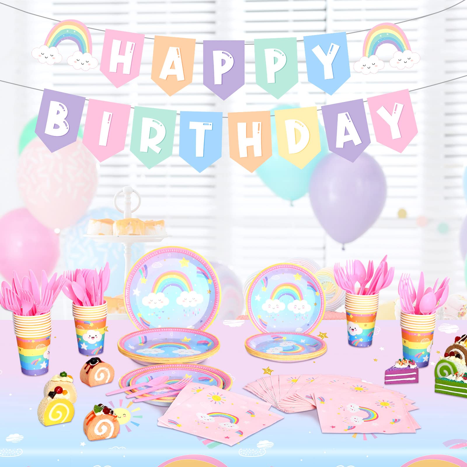 212-Piece Pastel Rainbow Birthday Party Supplies Set - Includes Paper Plates, Tablecloth, Cups, Napkins, Cutlery & Banner for 30 Guests - Perfect for Rainbow Themed Parties, Baby Showers & Celebrations (Cute Style)
