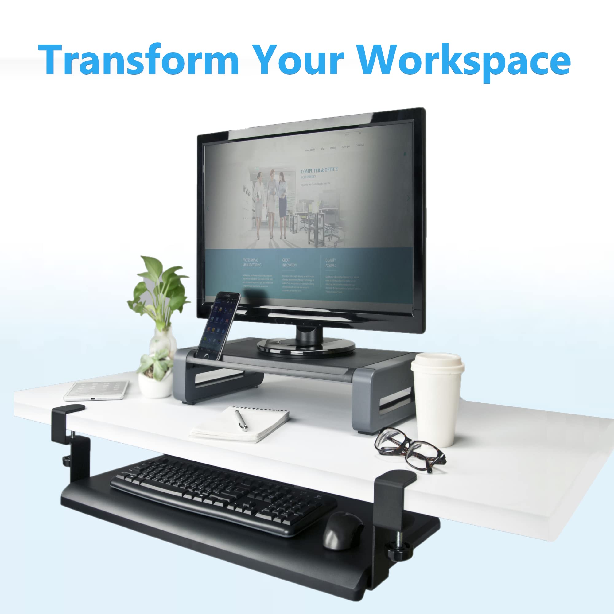 20 Inch Clamp On Keyboard Tray Under Desk - Adjustable Slide-Out Computer Keyboard Drawer for Ergonomic Typing | Easy Assembly Workspace Organizer for Home & Office Desks