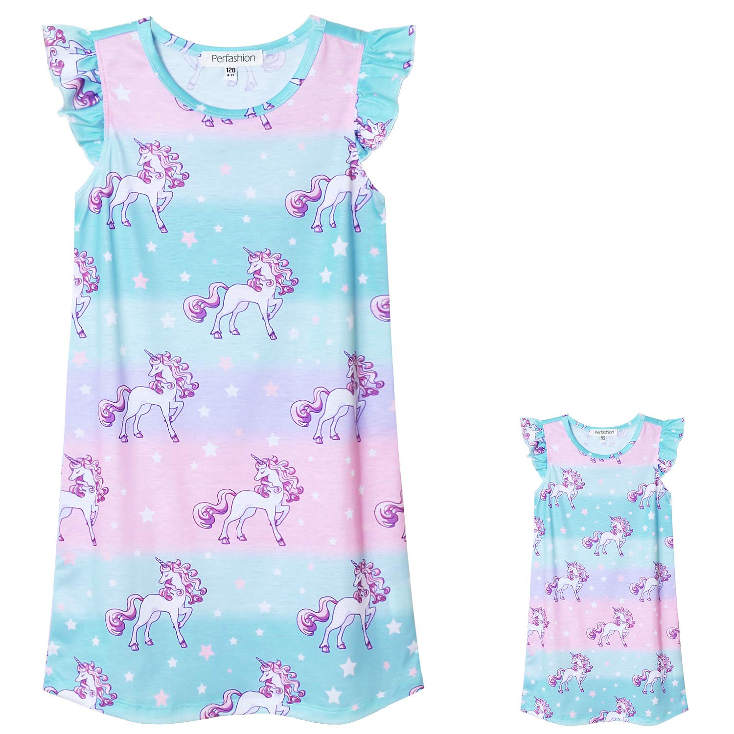 Unicorn & Mermaid Nightgowns for Girls - Matching Summer Pajama Set with Flutter Sleeves for Kids & Dolls - Perfect for Sleepovers, Birthday Gifts & Dress-Up Play
