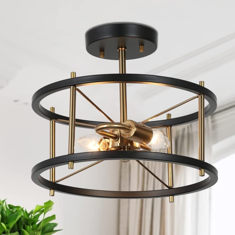 Modern 2-Light Black Gold Metal Drum Semi-Flush Mount Ceiling Light Fixture - 12