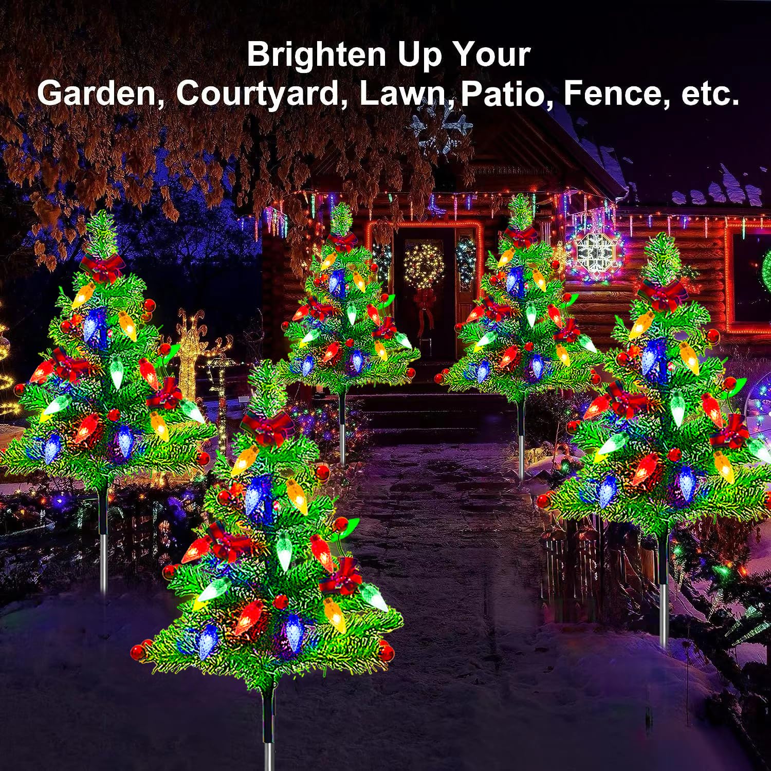 4-Pack Solar Powered Christmas Tree Lights with 8 Lighting Modes - Waterproof Outdoor Holiday Decor for Yard, Garden, Pathway, Porch - Perfect for Christmas, Patio, Deck & Landscape Lighting