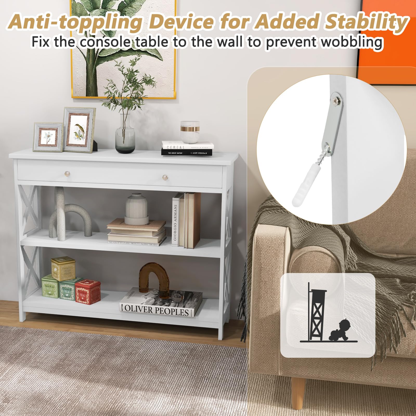 GOFLAME 3-Tier Narrow Sofa Table with Large Drawer & 2 Open Shelves, Modern Wooden Console Table for Entryway, Hallway & Living Room - Stylish Storage Solution for Small Spaces (White) | Perfect for Organizing Keys, Decor & Essentials in Compact Areas