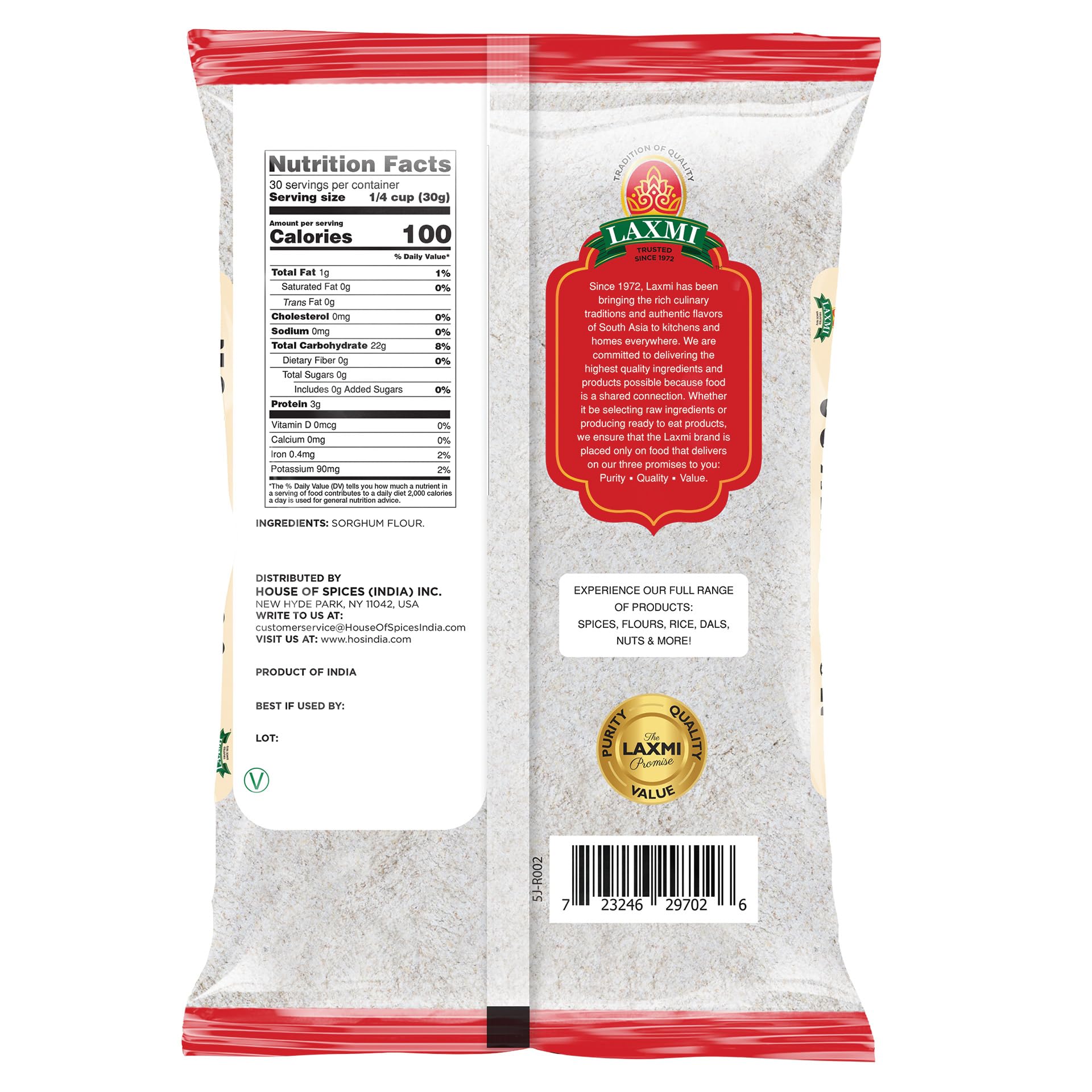 Organic Laxmi Freshly Milled Jowar Flour (Sorghum Flour) - Gluten Free, Non-GMO, Vegan - Perfect for Baking, Cooking & Healthy Recipes