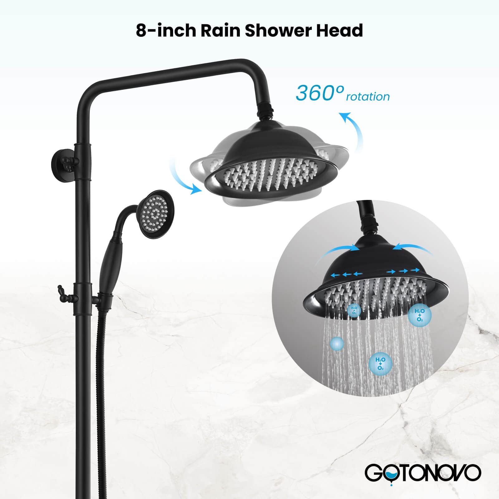 Gotonovo Matte Black 8 Inch Exposed Bathroom Shower System - Round Rainfall Shower Head with Adjustable Handheld Spray, Wall Mounted Double Lever Handles, Tub Spout - Triple Function Shower Fixture Set for Modern Bathroom Renovation (Ideal for Spa-Like Experience & Water Saving)