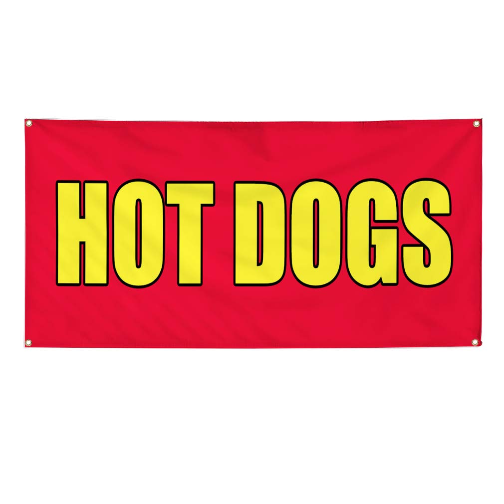 Hot Dogs Food Fair Vinyl Banner - Weatherproof Outdoor Restaurant & Business Promotion Sign (24x36 Inches, 4 Grommets, Red) - Perfect for Yard Sales, Food Trucks, and Outdoor Events