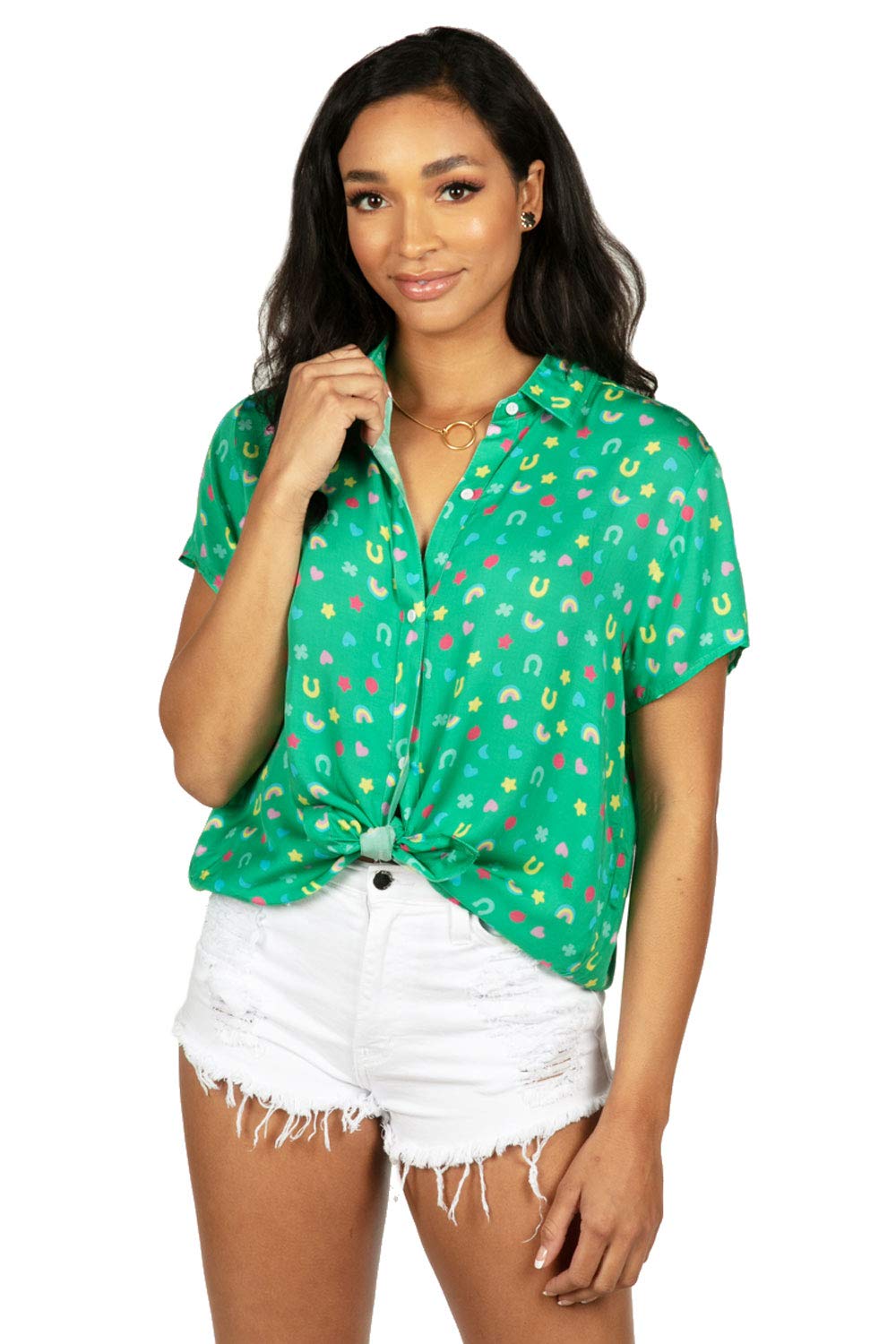St. Patrick's Day Women's Hawaiian Shirts - Green Floral Button Up Blouse for St. Paddy's Party & Tropical Vacation