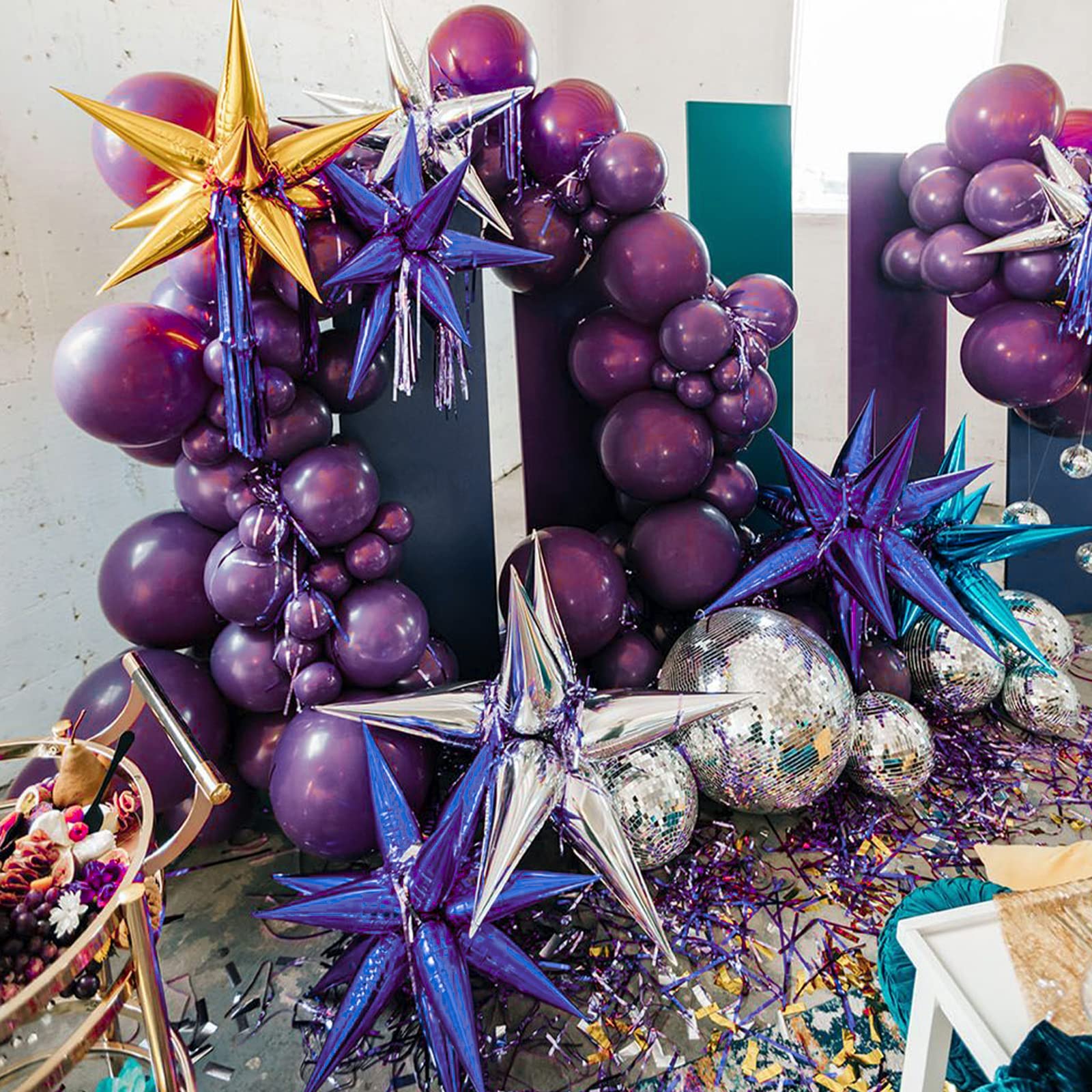 PartyWoo Purple Star Balloons 6-Pack - 14-Pointed Starburst Mylar Balloons (27 & 22 Inch) with Ribbon for Birthday, Wedding, Baby Shower Decorations - Perfect for Ceiling, Wall & Party Backdrop Displays