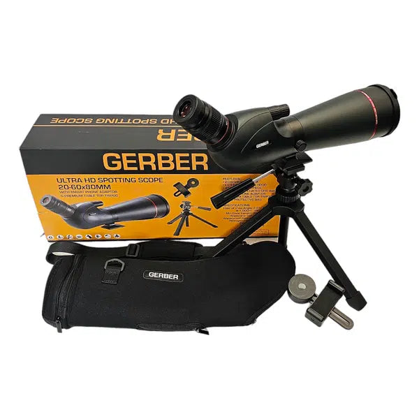 Gerber Ultra HD 20-60x80 Spotting Scope with Tripod, Smartphone Adapter & Carrying Bag - Perfect for Bird Watching, Hunting, and Outdoor Adventures