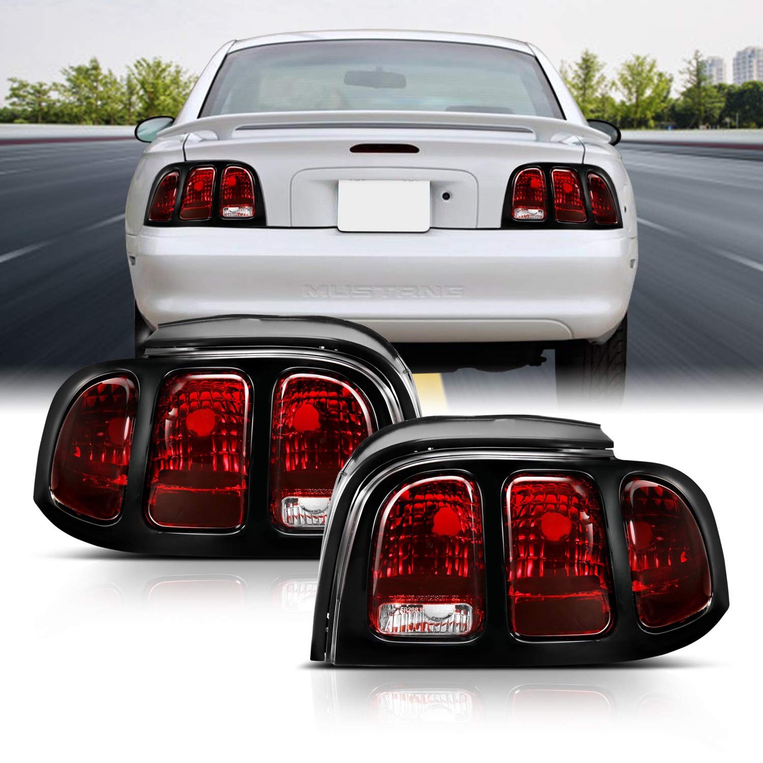 1994-1998 Ford Mustang Black Housing Dark Red LED Brake Tail Lights Set - OE Style Replacement for Passenger & Driver Side | Enhanced Night Visibility & Safety