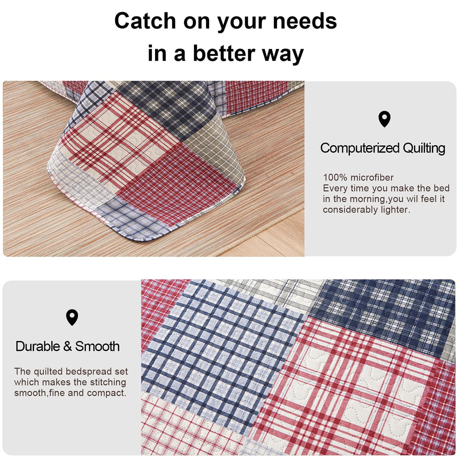 **King Size Plaid Quilt Set - Reversible Red Blue White Patchwork Bedspread Coverlet | Soft Microfiber Lightweight All-Season Bedding for Boys & Men | Perfect for Bedrooms, Dorms, and Guest Rooms**