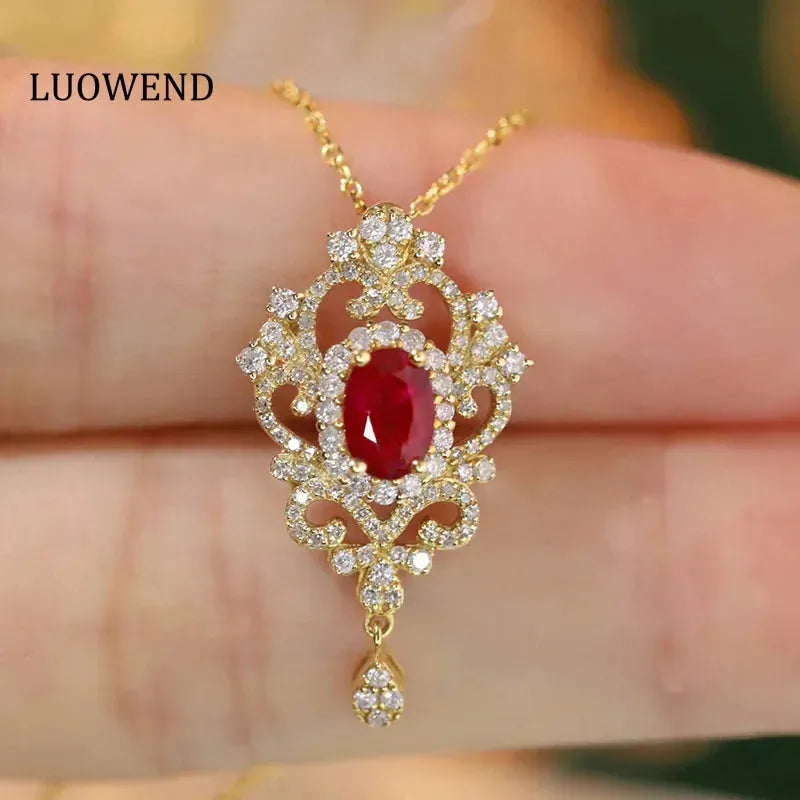 18K Yellow Gold Necklace with Real Natural Ruby & Diamond - Elegant Tassel Pendant for Women | Luxury Fine Jewelry Gift for Anniversary, Birthday & Special Occasions