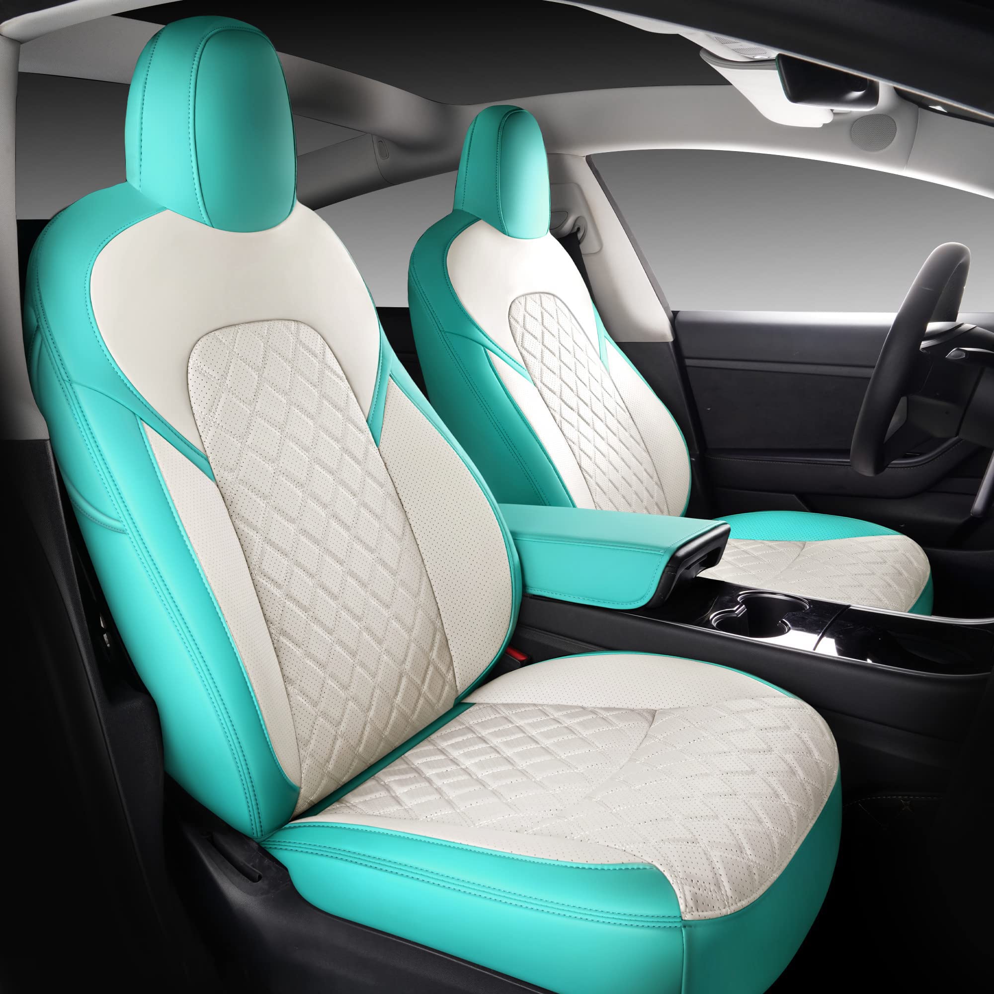 Premium All-Season Faux Leather Car Seat Covers for Tesla Model 3 - Custom Logo Option (Tiffany Blue) | Waterproof & Comfortable Protection for Daily Commute & Road Trips
