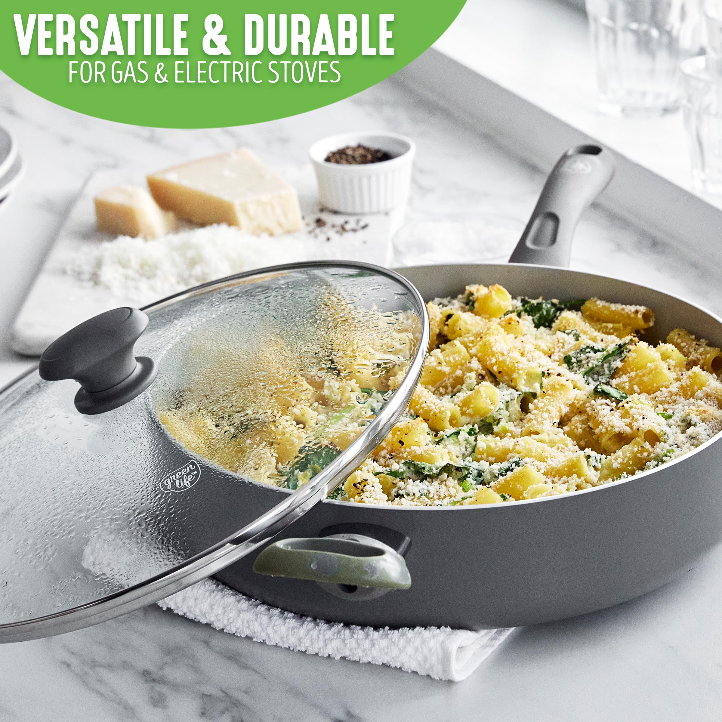 GreenLife Sandstone Healthy Ceramic Nonstick 5 Quart Saute Pan - PFAS-Free, Dishwasher Safe, Oven Safe to 450°F, Gray - Perfect for Sauteing, Frying & Everyday Cooking