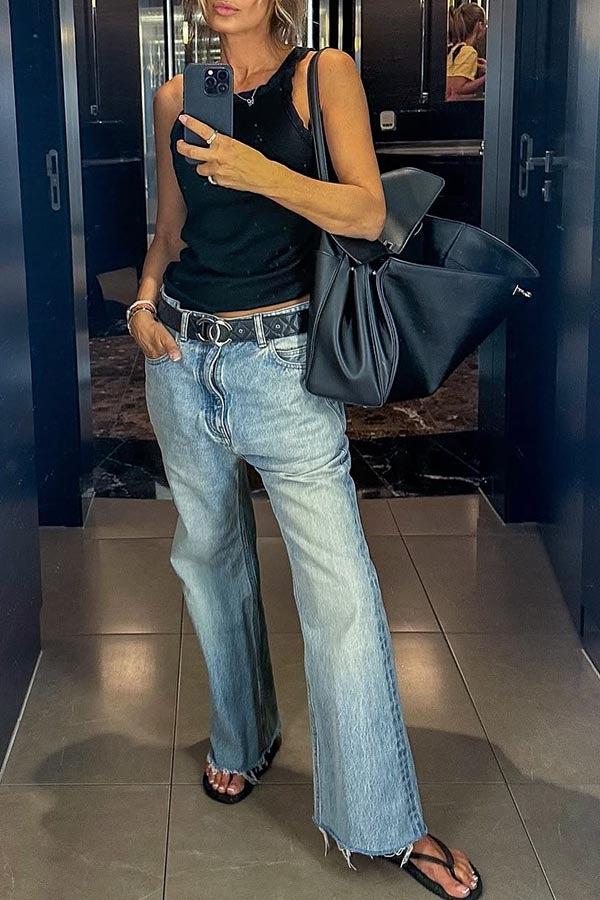 Vintage Chic Denim Mid Rise Wide Leg Jeans with Pocket & Washed Hem - Comfortable Retro Style for Casual Wear, Street Fashion & Everyday Outfits