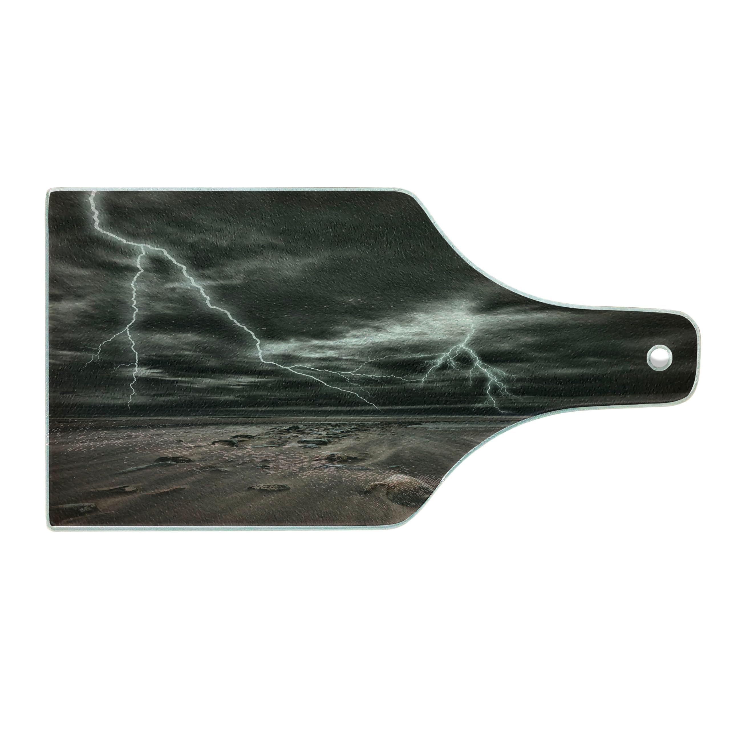Ambesonne Thunderstorm Beach Tempered Glass Cutting Board - Wine Bottle Shape, Grey Brown - Durable Decorative Serving Board for Kitchen, Dining & Entertaining