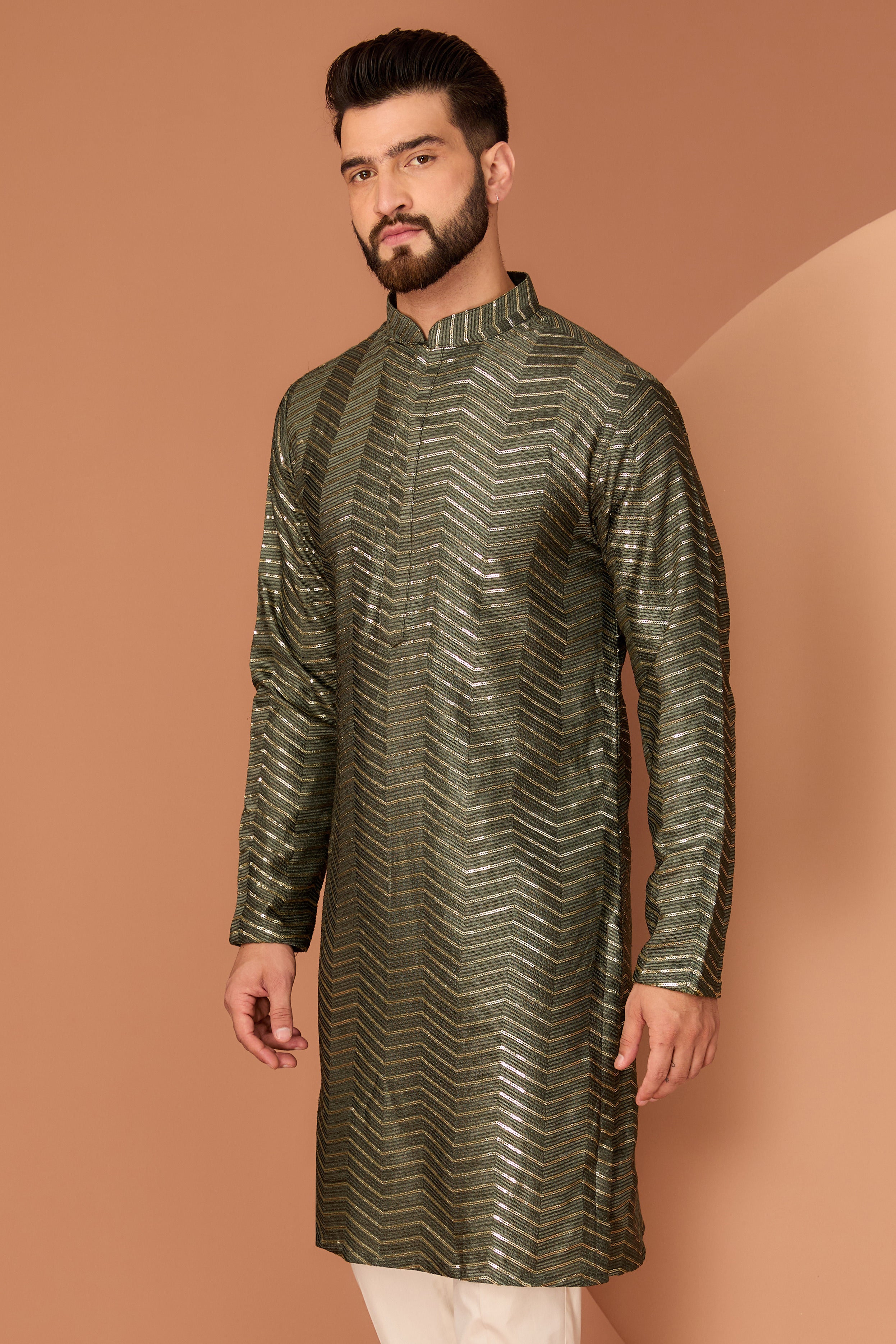 Stylish Military Green Embroidered Kurta with Intricate Sequin Detailing for Men | Perfect for Festivals, Weddings & Casual Wear