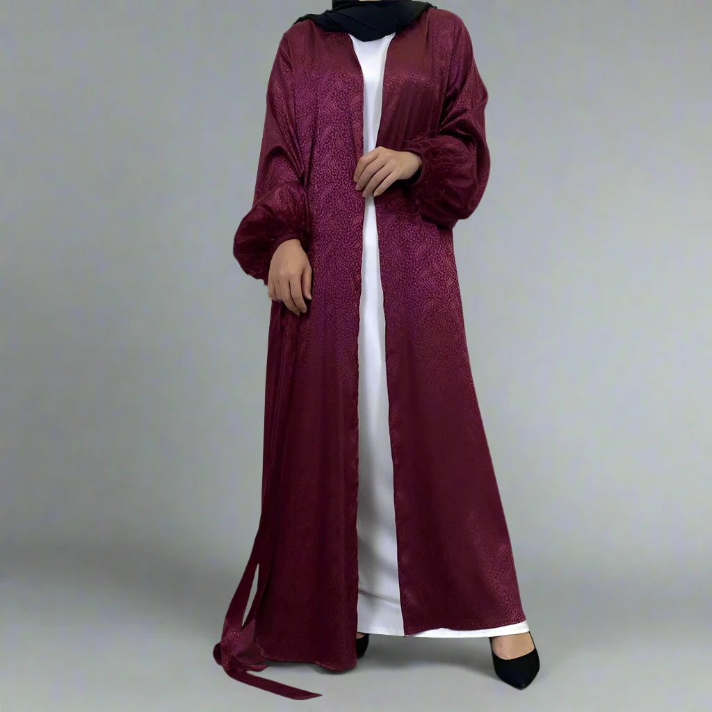 Elegant Muslim Women's Printed Satin Open Abaya Cardigan Dress with Feather Puff Sleeves - Perfect for Prayer, Mosque Visits & Special Occasions