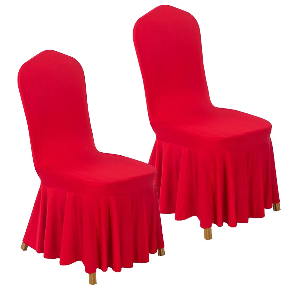 Elegant Stretch Dining Chair Slipcovers Set of 2 - Washable Non-Slip Universal Chair Covers with Ruffle Skirt for Wedding, Banquet, Party & Home Decor (Red) | Perfect for Formal Events, Dining Rooms & Special Occasions