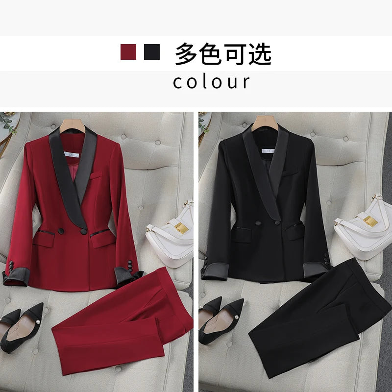Elegant Women's Autumn Work Blazer Suit Set - Black & Red Patchwork Double Breasted Coat with High Waist Pants for Office Ladies | Professional Outfit for Business Meetings & Formal Occasions