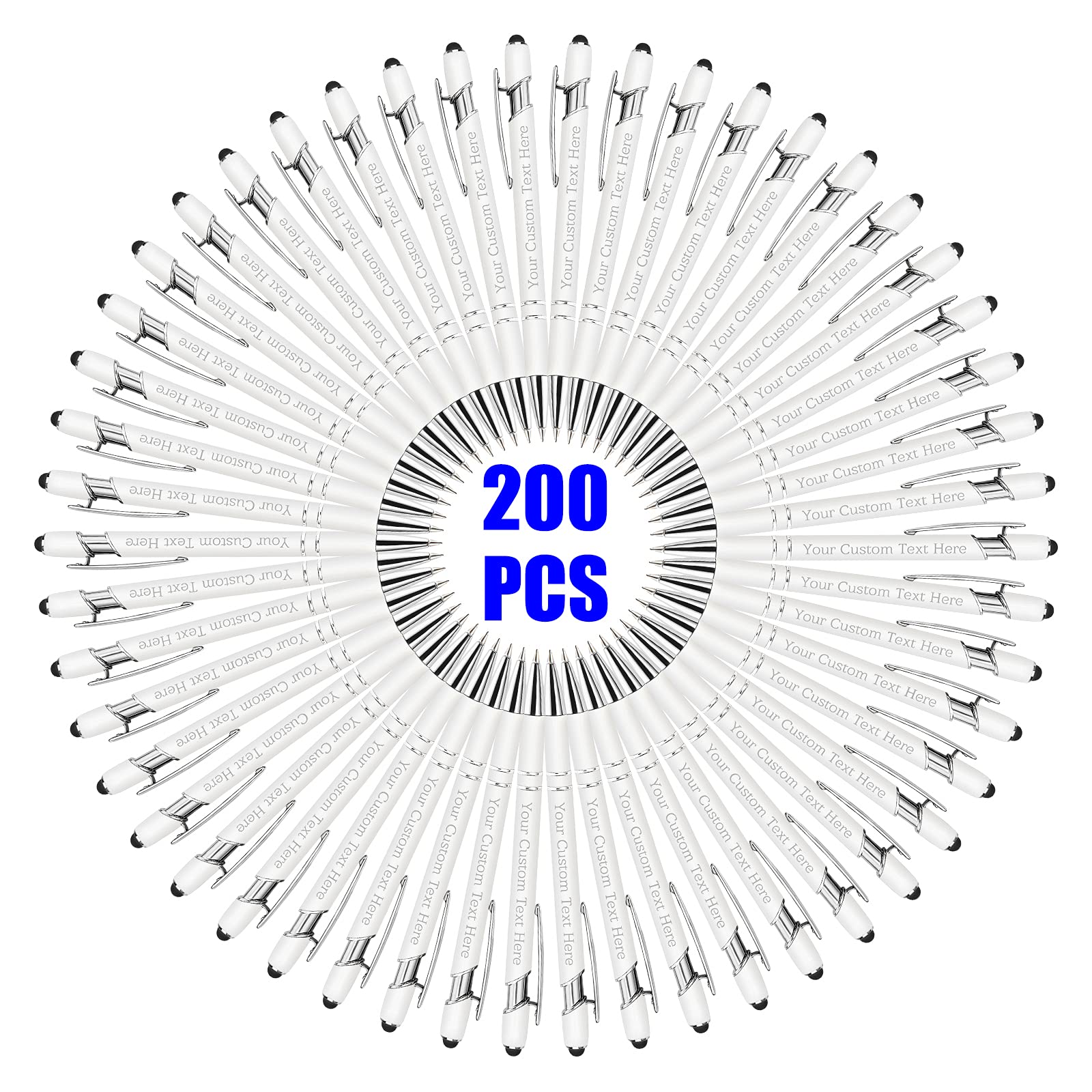 200 Pcs Personalized Custom Pens Bulk - Free Engraving with Name/Message - Customized Ballpoint Pens & Stylus for Business, Office, Graduation Gifts - Ideal for Men, Women, Christmas, Birthday Presents (White) - Perfect for Corporate Events, Promotions, and Thoughtful Personalized Gifts