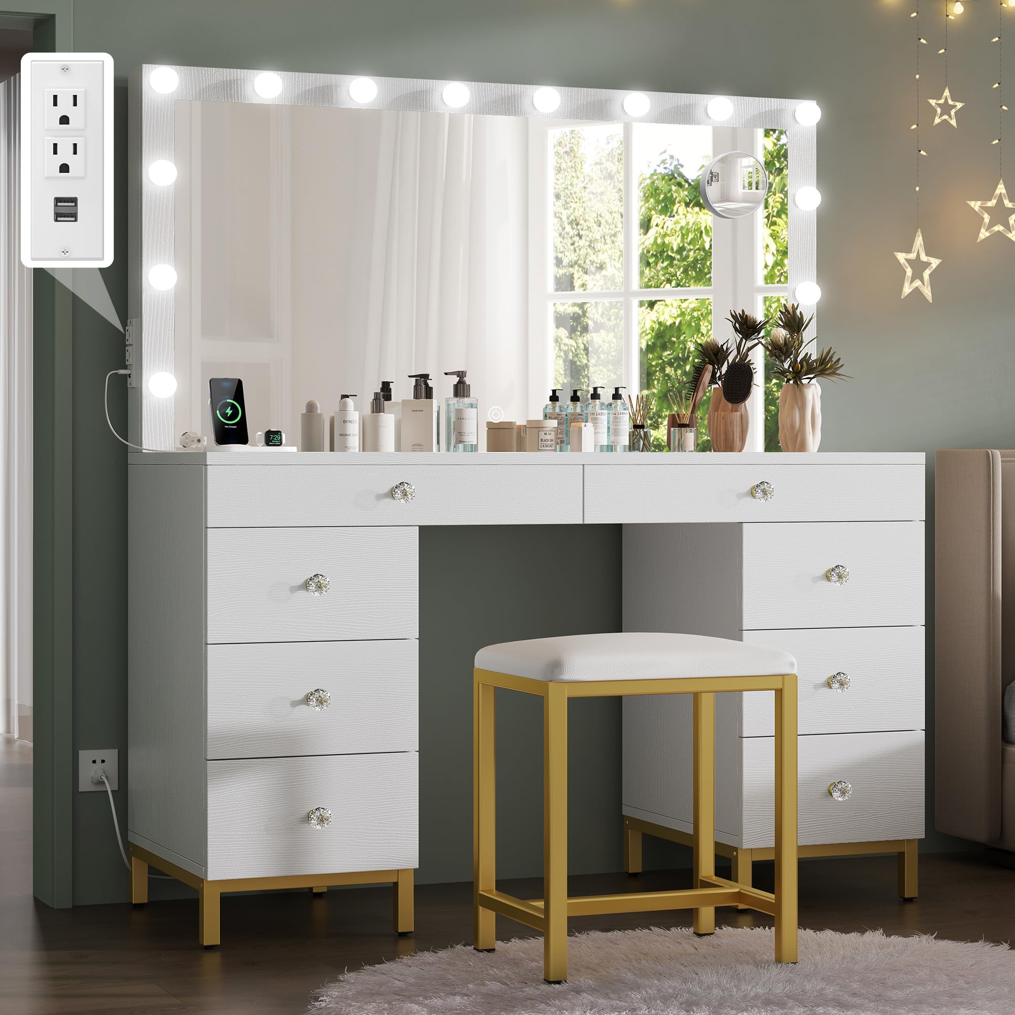 DWVO Vanity Desk with Mirror and Lights - Large Makeup Table with 8 Drawers, Power Outlet & Dimmable 3-Color LED Lighting - White Vanity Set for Bedroom, Dressing Room & Home Salon - Perfect for Makeup Application, Skincare Routine and Beauty Organization