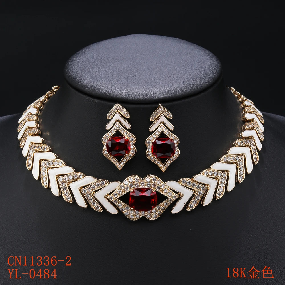 Cubic Zirconia White Enameled Lip Choker Necklace & Earrings Set for Women - Elegant Party Costume Jewelry Gift (CN11336) - Perfect for Prom, Halloween, and Special Occasions