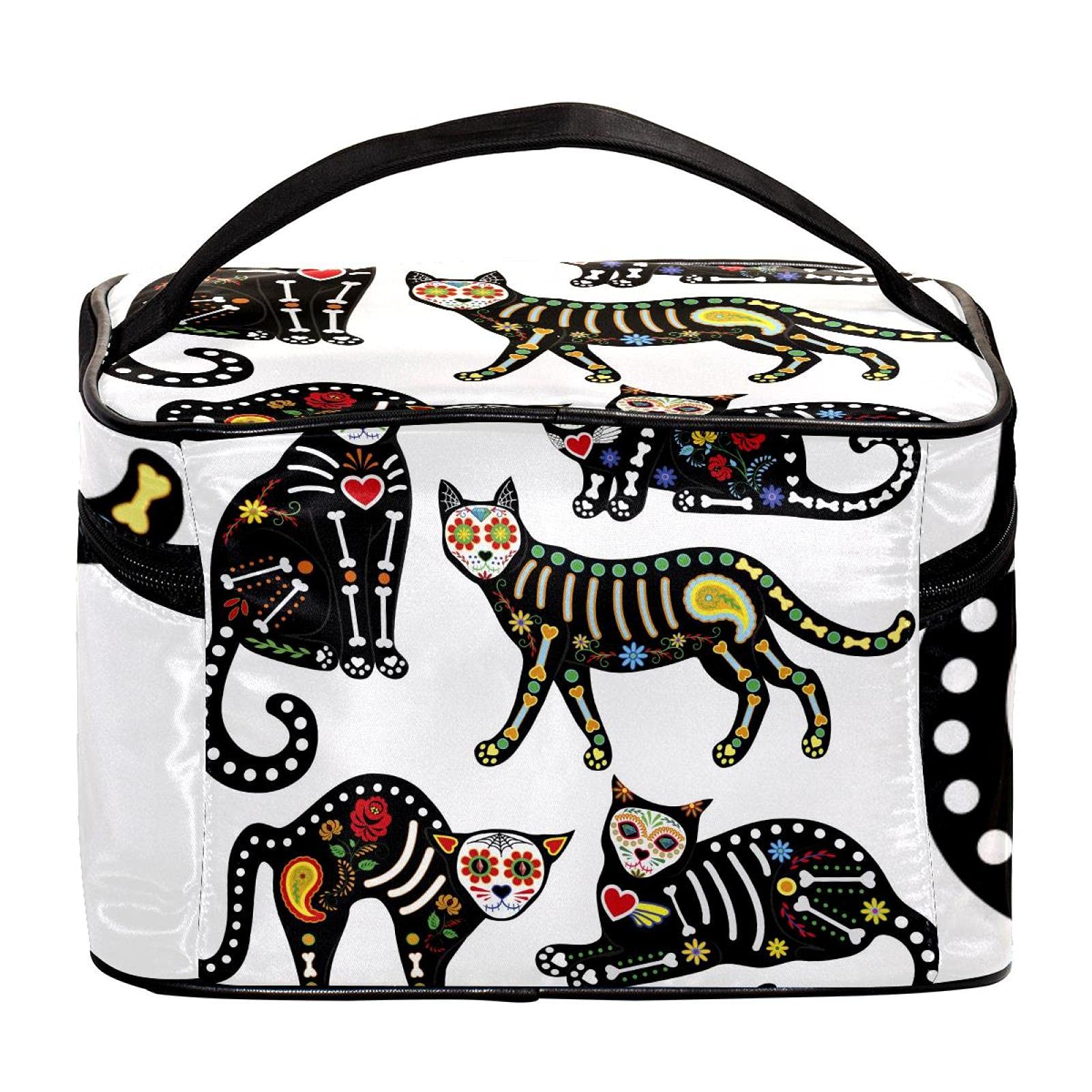 Mexican Day of The Dead Sugar Skull Black Cats Large Travel Makeup Bag - Waterproof Cosmetic Organizer with Zipper for Women & Girls | Perfect for Travel, Gym, and Daily Use