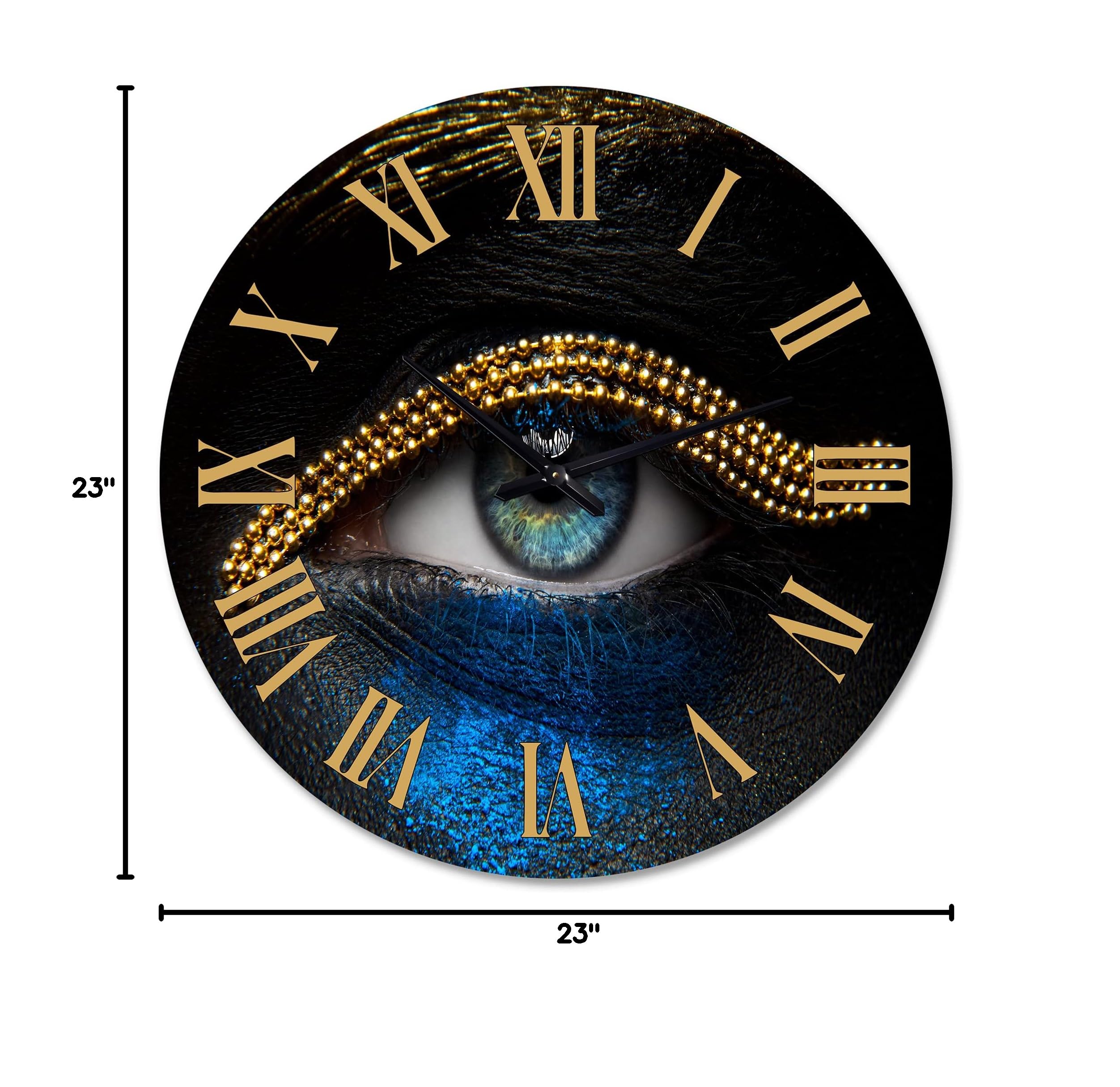 DesignQ Modern Wall Clock - Elegant Woman Eyes with Gold Chain & Blue Pigment - Large Decorative Clock for Living Room, Bedroom, Office - Perfect Home Decor & Unique Gift Idea