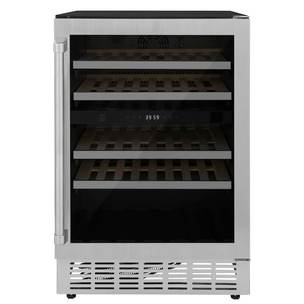 ZLINE 24 Inch Stainless Steel Dual Zone 44 Bottle Wine Cooler Refrigerator - Perfect for Home Bars, Restaurants, and Wine Cellars (RWV UD 24)