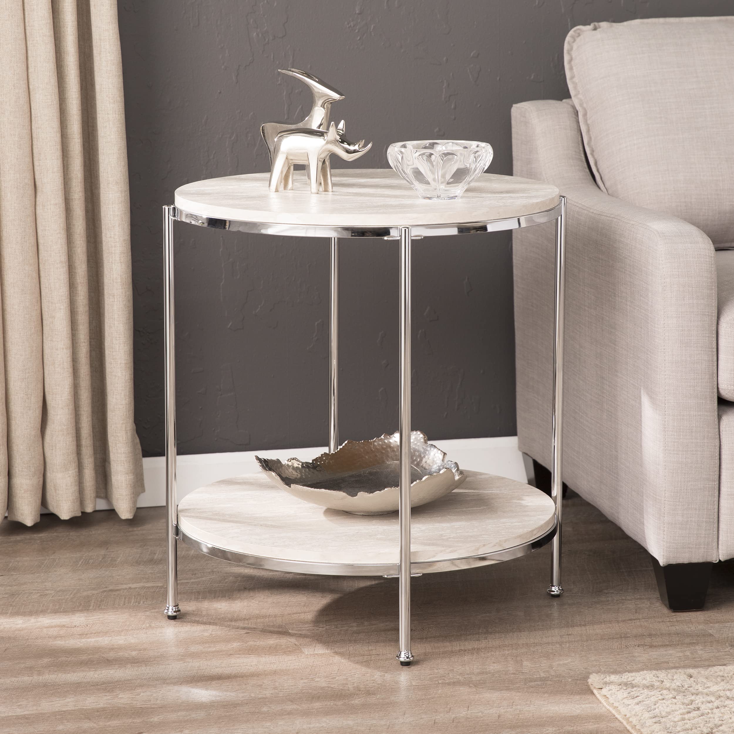 SEI Furniture Silas Round Faux Stone End Table - Silver Finish | Modern Accent Table for Living Room, Bedroom & Office Decor