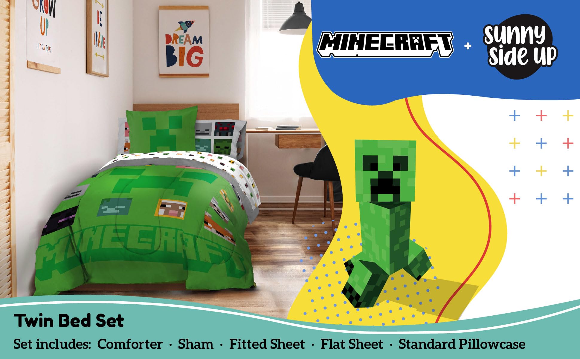 **Sunny Side Up Minecraft Twin Comforter Set - 5-Piece Kids Bedding with Comforter, Sheets & Pillowcase - Ultra Soft Microfiber Gamer Bed Set for Boys & Girls - Perfect for Bedrooms, Sleepovers & Gaming Rooms**