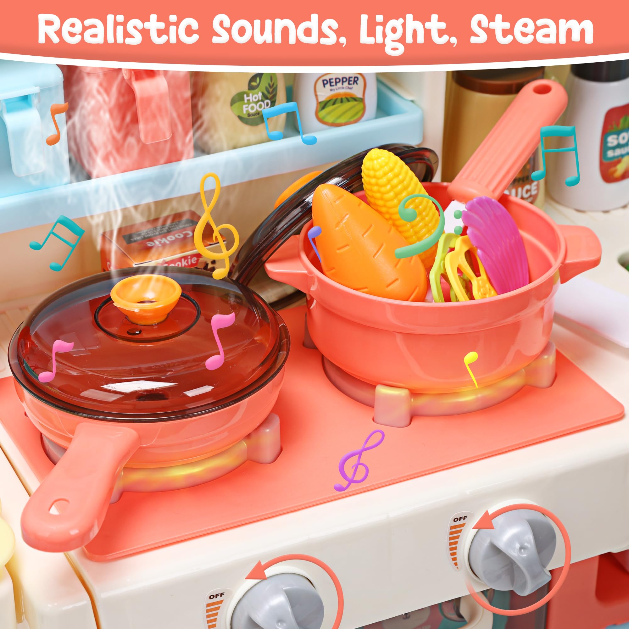 HOLYFUN Kids Kitchen Playset with Sound & Light - Interactive Pretend Play Cooking Stove with Steam, Play Sink & 20+ Toy Kitchen Accessories - Educational Toddler Toys for Girls & Boys (Pink) - Perfect for Imaginative Play, Birthday Gifts & Preschool Learning Activities