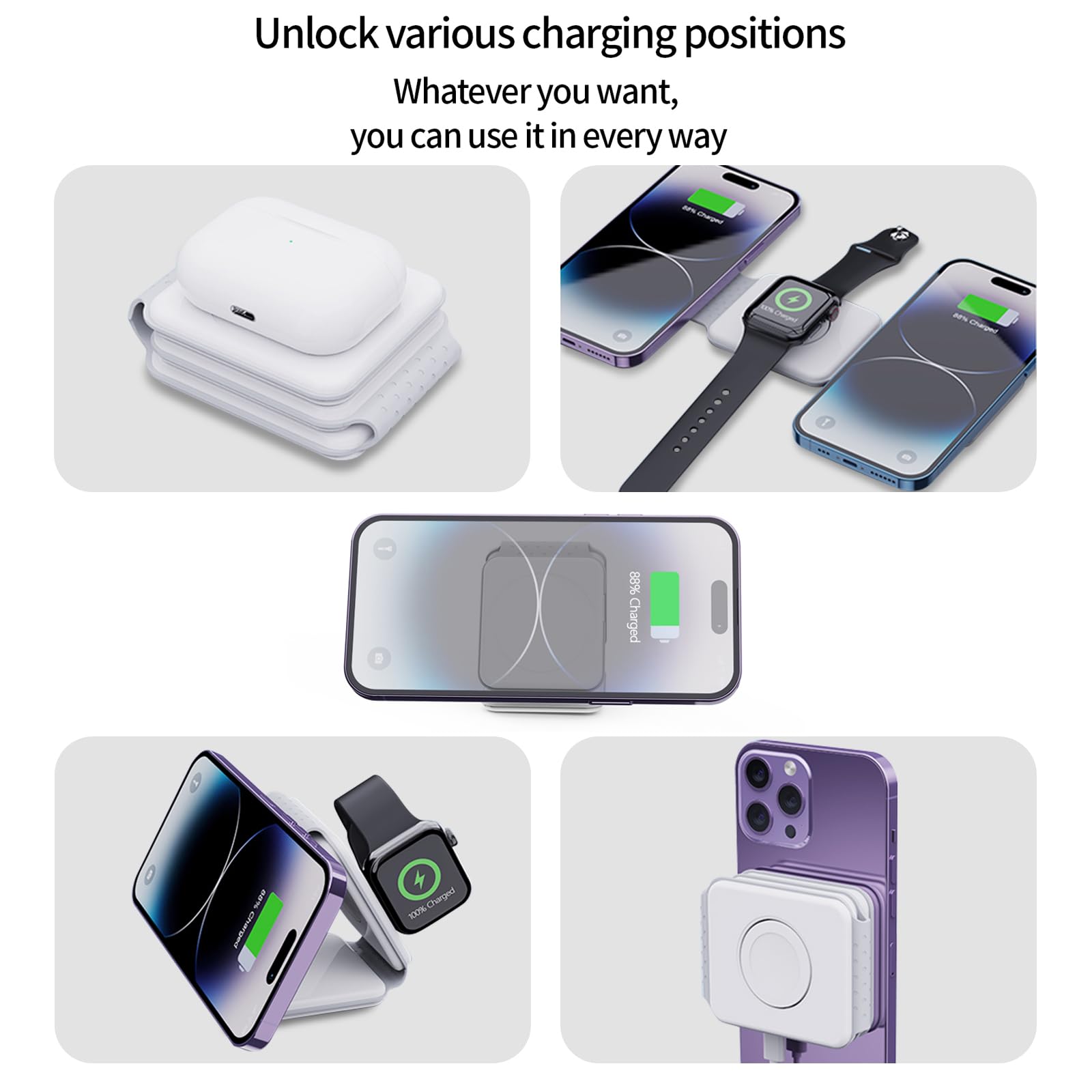 DTD 3-in-1 Foldable Wireless Charging Station for iPhone 15/14/13/12/11/Pro/Max/X/XS/XR/8/8 Plus, Apple Watch & AirPods - Fast Qi-Certified Charger for Home, Office & Travel