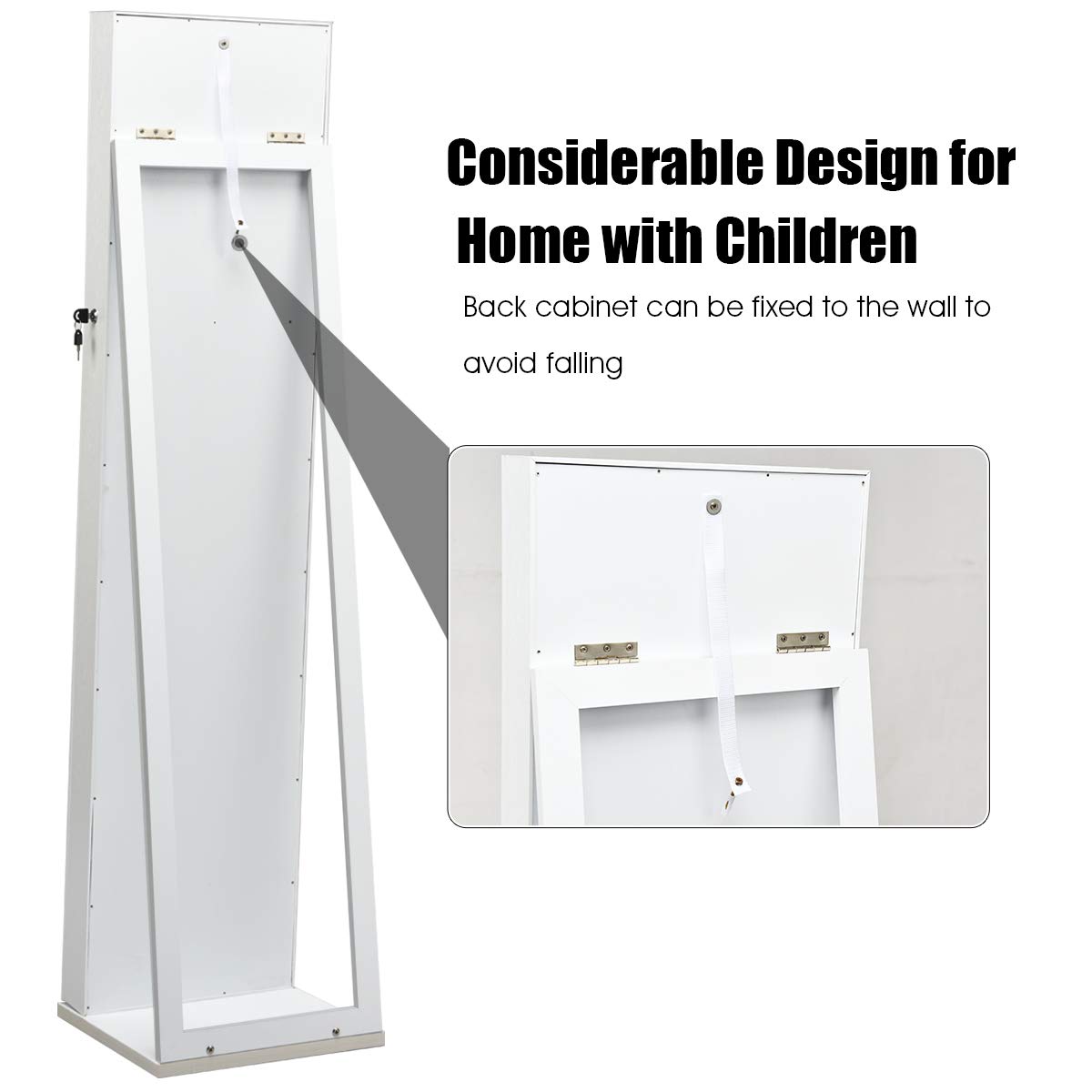 Charmaid Standing Jewelry Armoire with Full Length Mirror - 2-in-1 Lockable Jewelry Cabinet Organizer with Large Storage, Makeup Mirror & Stable Base - Easy Assembly (White) | Perfect for Bedroom, Closet & Dressing Room Organization