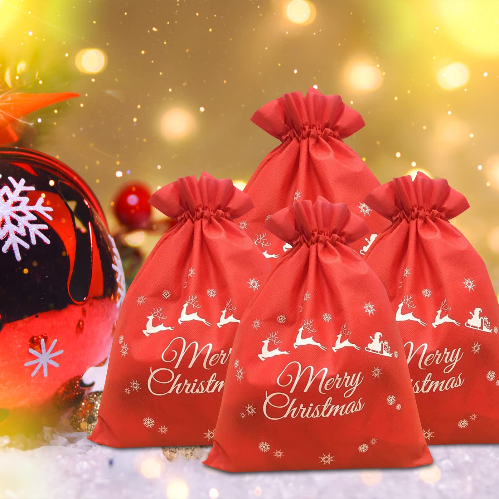 TIENO Christmas Drawstring Gift Bags - 6 Pack Red Holiday Bags 11.8x15.7 Inches for Christmas Presents, Party Favors & Stocking Stuffers