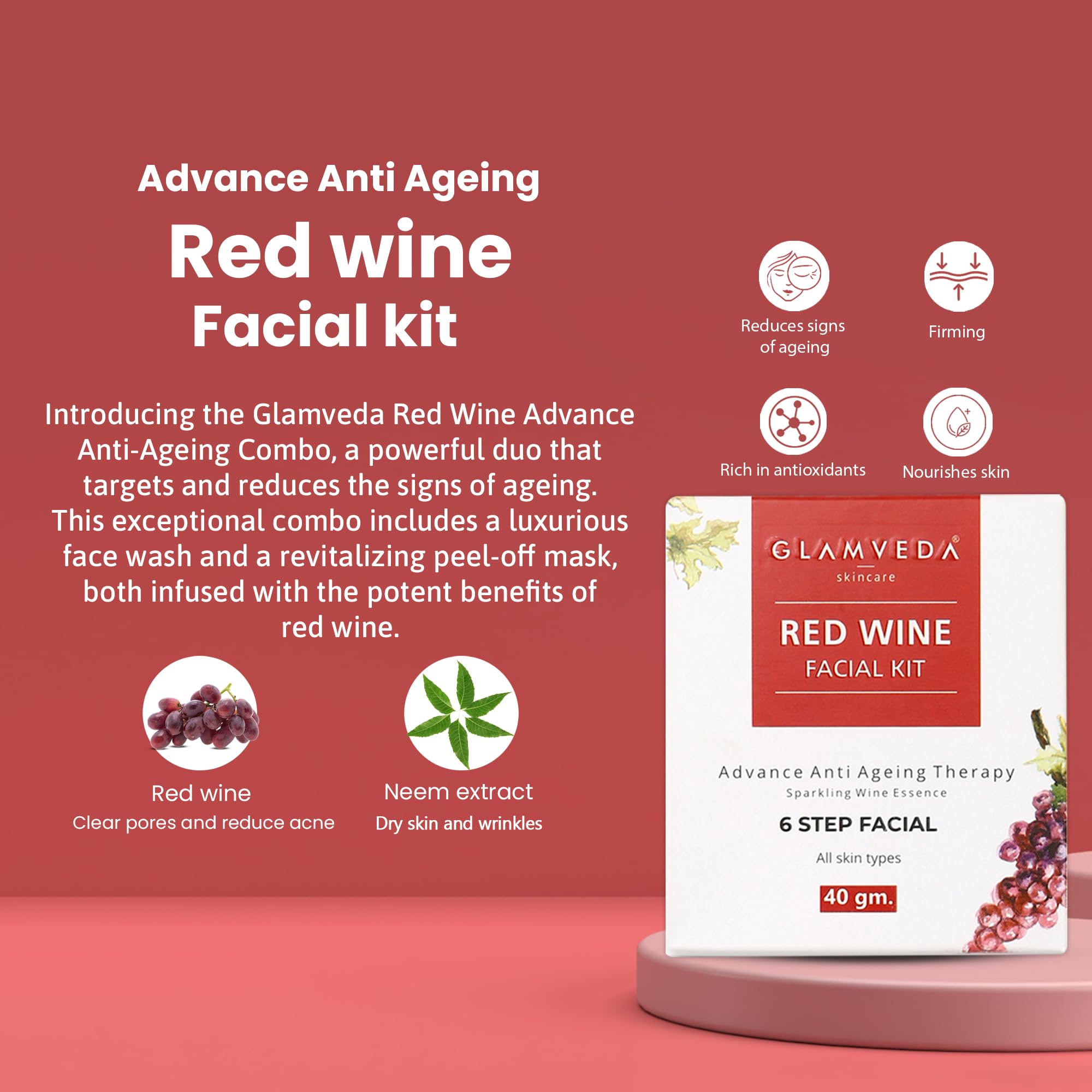 Glamveda Red Wine Anti-Aging Skincare Set (Face Wash + Facial Kit) - Reduces Wrinkles & Fine Lines | Perfect for Daily Anti-Aging Routine & Spa Night Self-Care