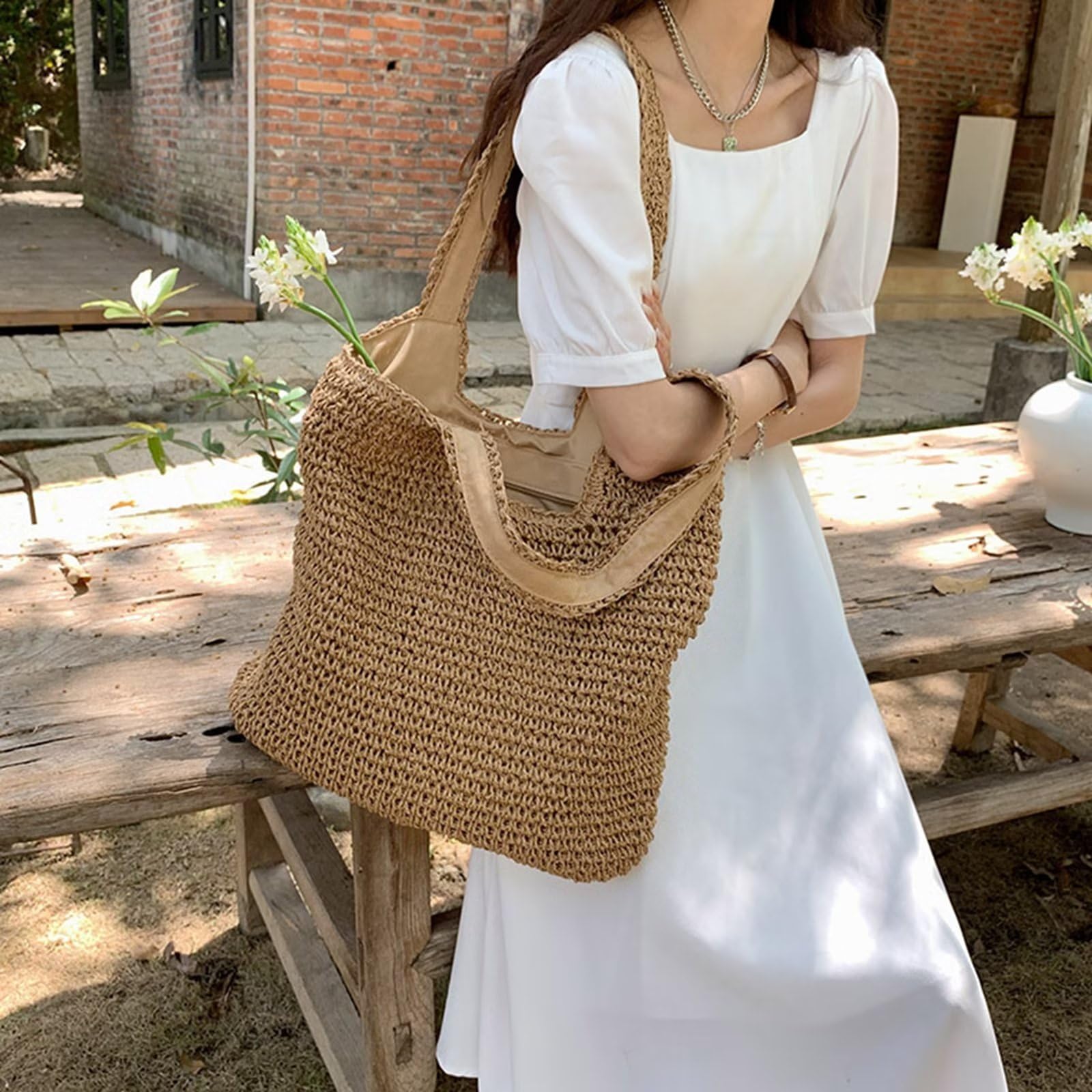 Stylish Woven Straw Shoulder Tote Bag for Women - Large Zippered Beach Handbag, Boho Summer Purse | Perfect for Vacation, Poolside, Shopping & Outdoor Activities