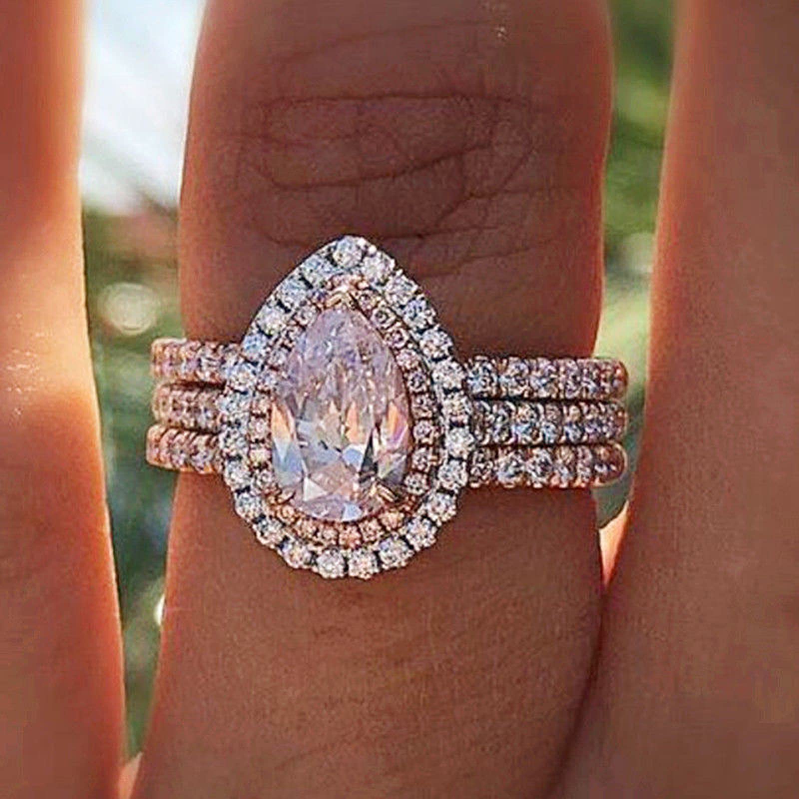 925 Sterling Silver Shiny Full Diamond Pink Gemstone Ring | Water Droplet Shape Cubic Zirconia CZ Ring | Eternity Engagement Wedding Band for Women (Size 8) | Perfect for Anniversary Gifts, Valentine's Day & Special Occasions