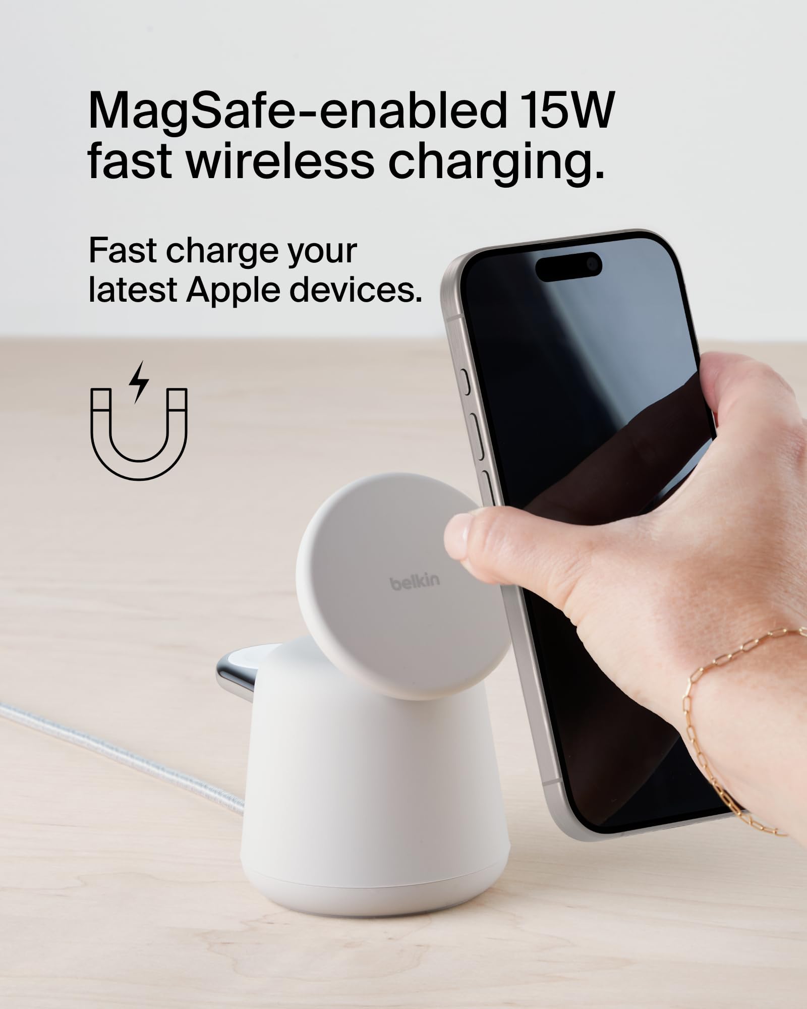 Belkin 2-in-1 MagSafe Wireless Charging Dock 15W Fast Charger for iPhone 16/15/14/13 Series & AirPods | Dual Charging Station with Power Adapter | Perfect for Bedside, Office & Travel (Sand Color)