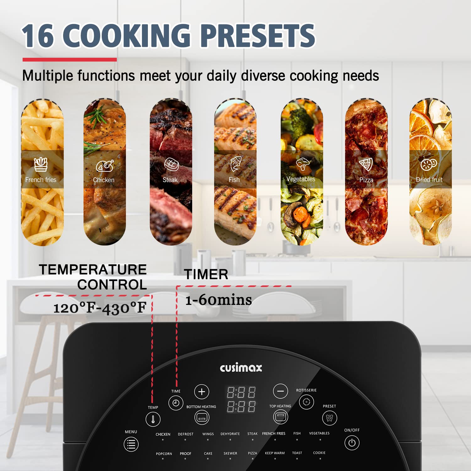 CUSIMAX 15.5QT 16-in-1 Air Fryer Toaster Oven Combo with Rotisserie & Dehydrator - Large Digital Convection Roaster Oven with Accessories - Perfect for Baking, Roasting, Air Frying & Meal Prep - Black