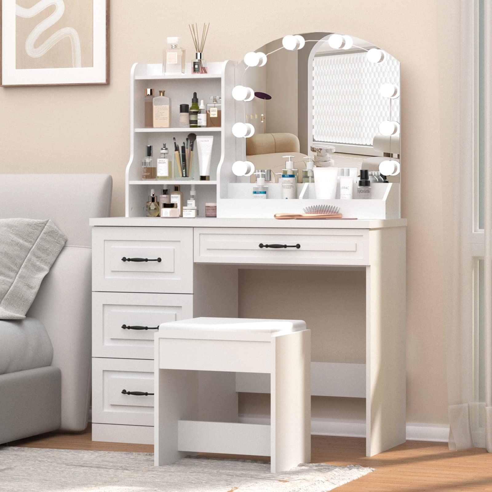 Vabches Makeup Vanity Desk with LED Lights & 4 Drawers - White Dressing Table with Large Storage (39.4 Inch), 3 Color Lighting Modes - Perfect for Bedroom, Dressing Room & Beauty Salon