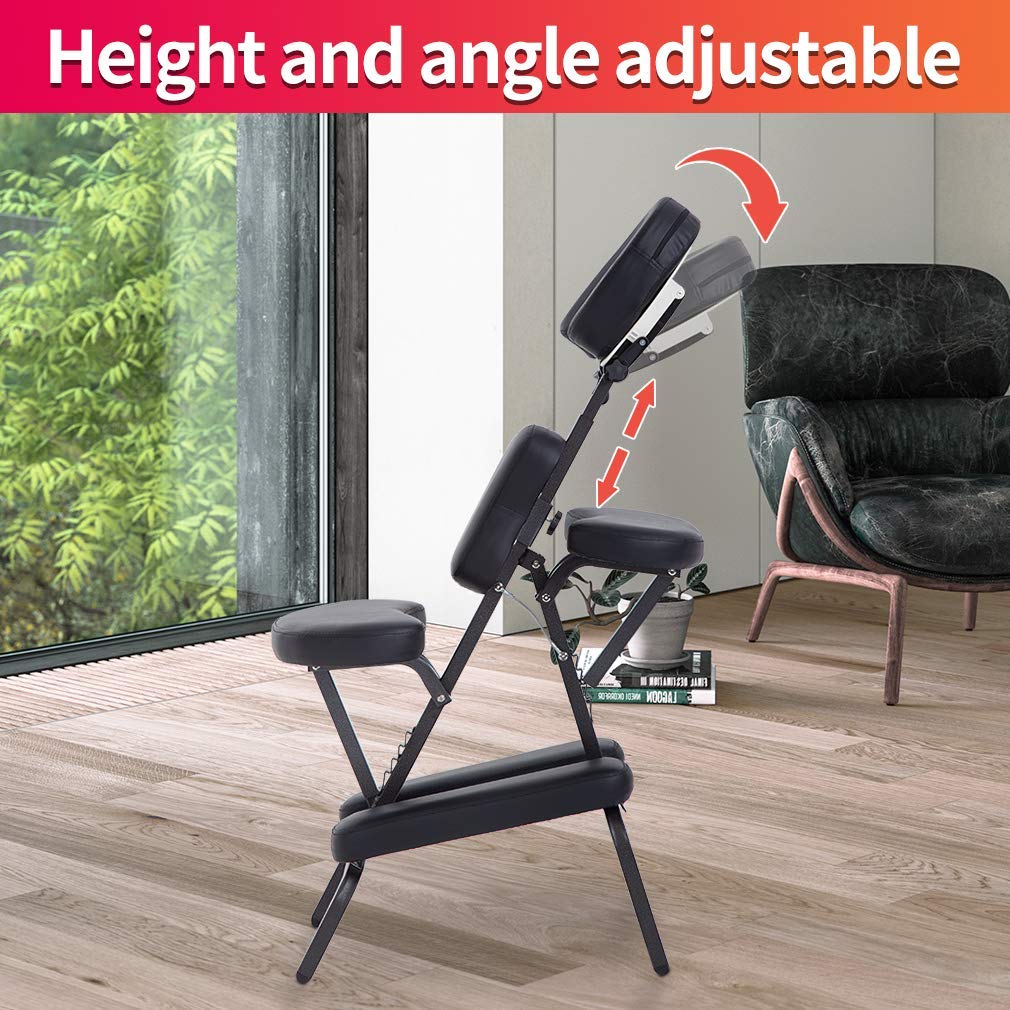 Portable Massage Chair for Home & Travel - Adjustable Height Folding Leather Spa Chair with Free Carry Case - Perfect for Tattoo Parlors, Salons & Relaxation (Black)