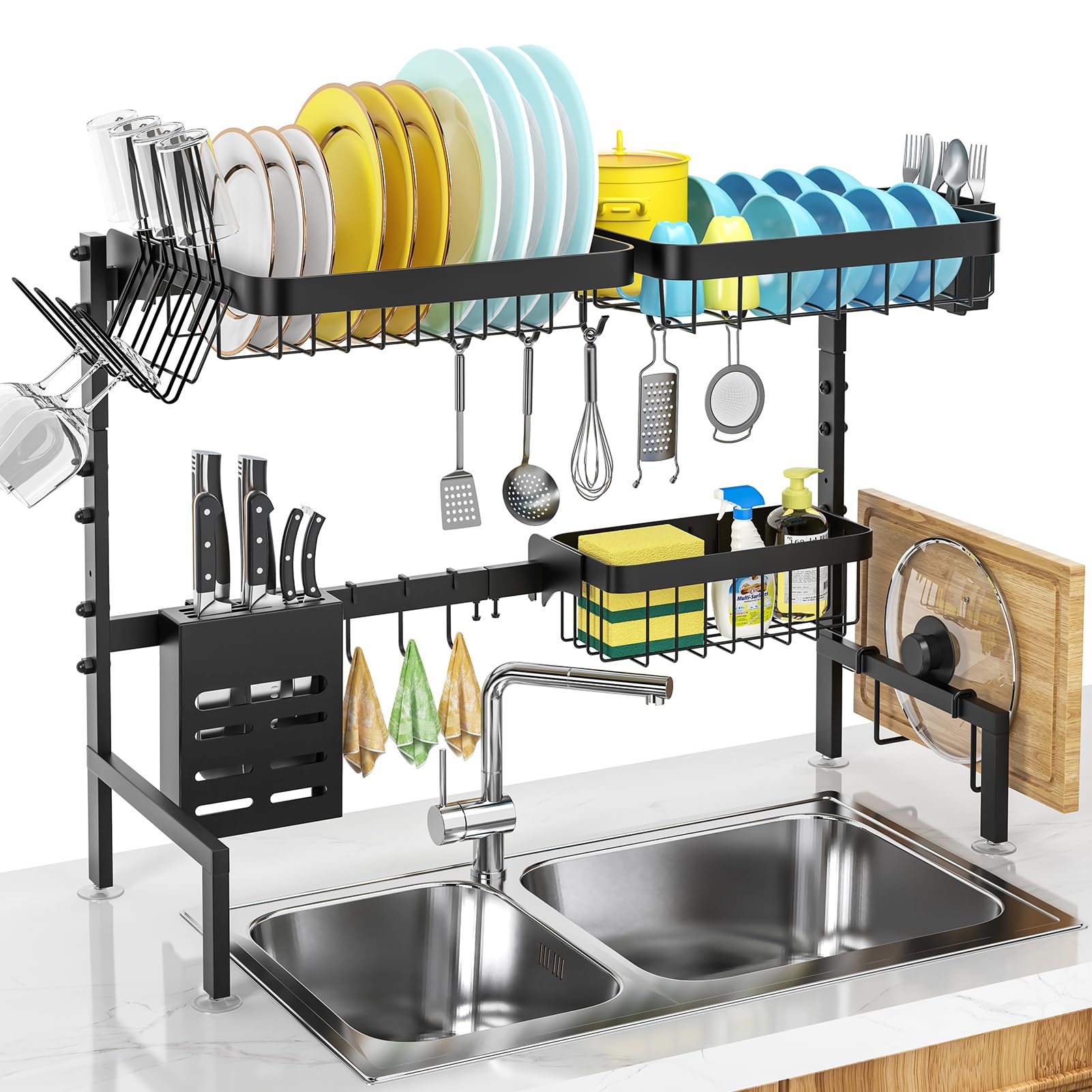 MERRYBOX 2-Tier Adjustable Stainless Steel Over The Sink Dish Drying Rack (25.6-33.5in) with Cutting Board Holder - Space Saving Kitchen Counter Organizer for Dishes, Utensils & Cookware - Perfect for Small Kitchens, Apartments & RV Use