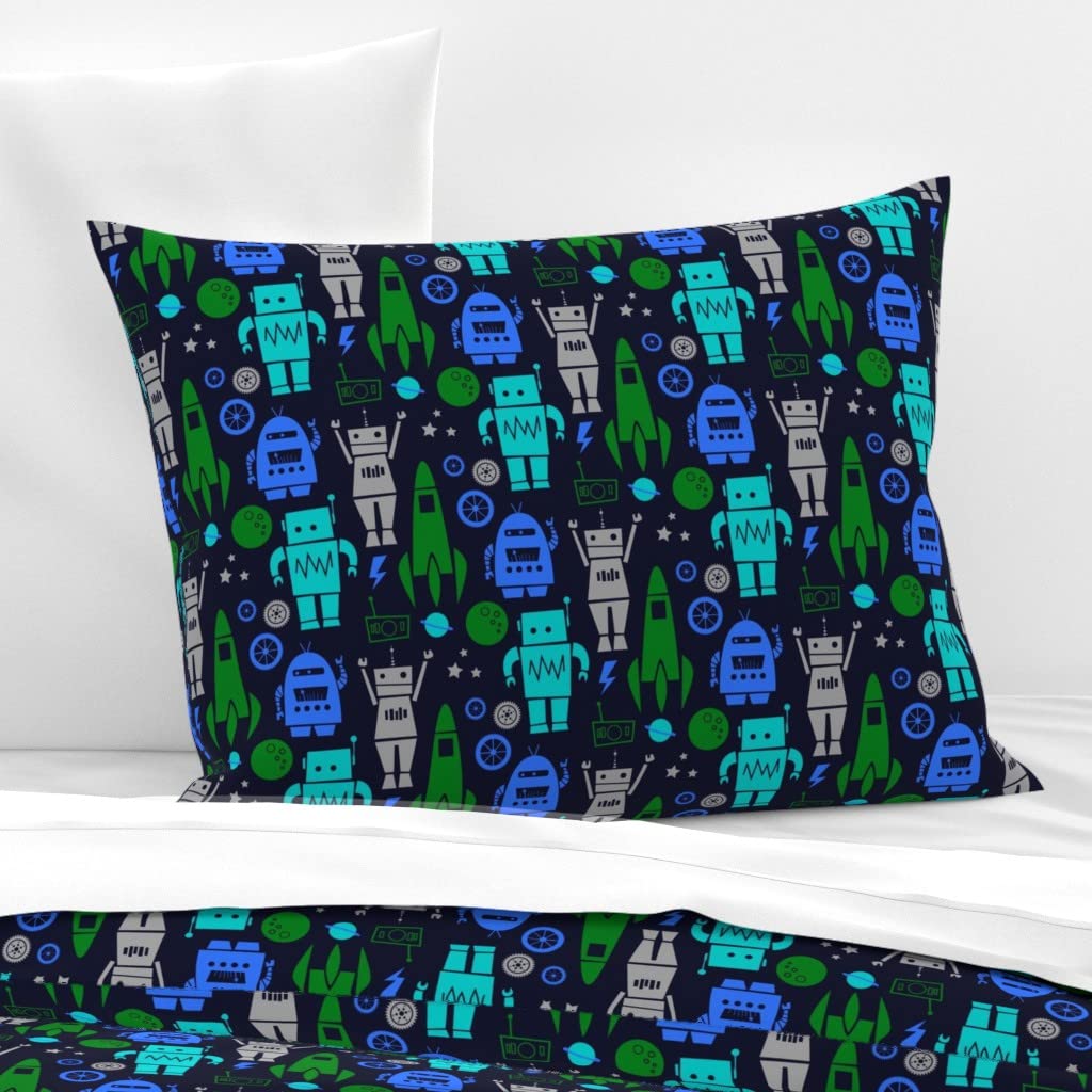 Custom Boys Whimsical Navy Robots Print Cotton Sateen Sham - Standard Size Pillowcase for Kids Bedroom Decor | Durable & Soft Bedding for Boys Room, Nursery, or Gift