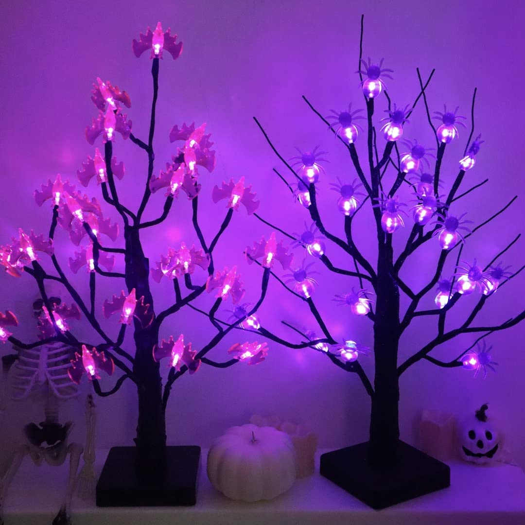 20 Inch Purple LED Halloween Tree Light with Bats & Spiders - 24 LED Battery Operated Black Artificial Tree with Timer Function (2 Pack) - Perfect for Halloween Decorations, Party Centerpieces & Spooky Home Decor